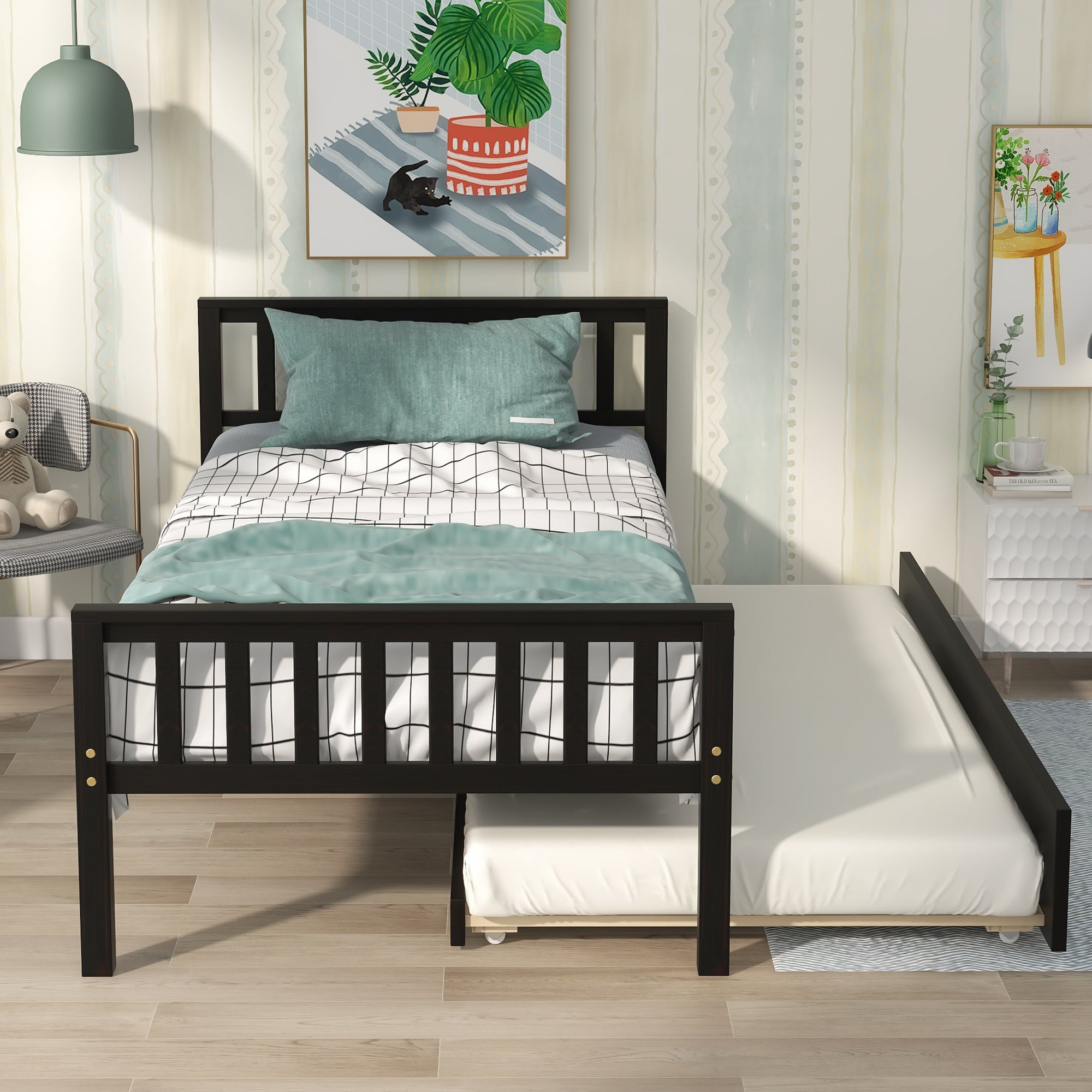 PAPROOS Solid Wood Platform Bed with Headboard and Footboard, Twin Size Trundle Beds for Kids Teens Adults