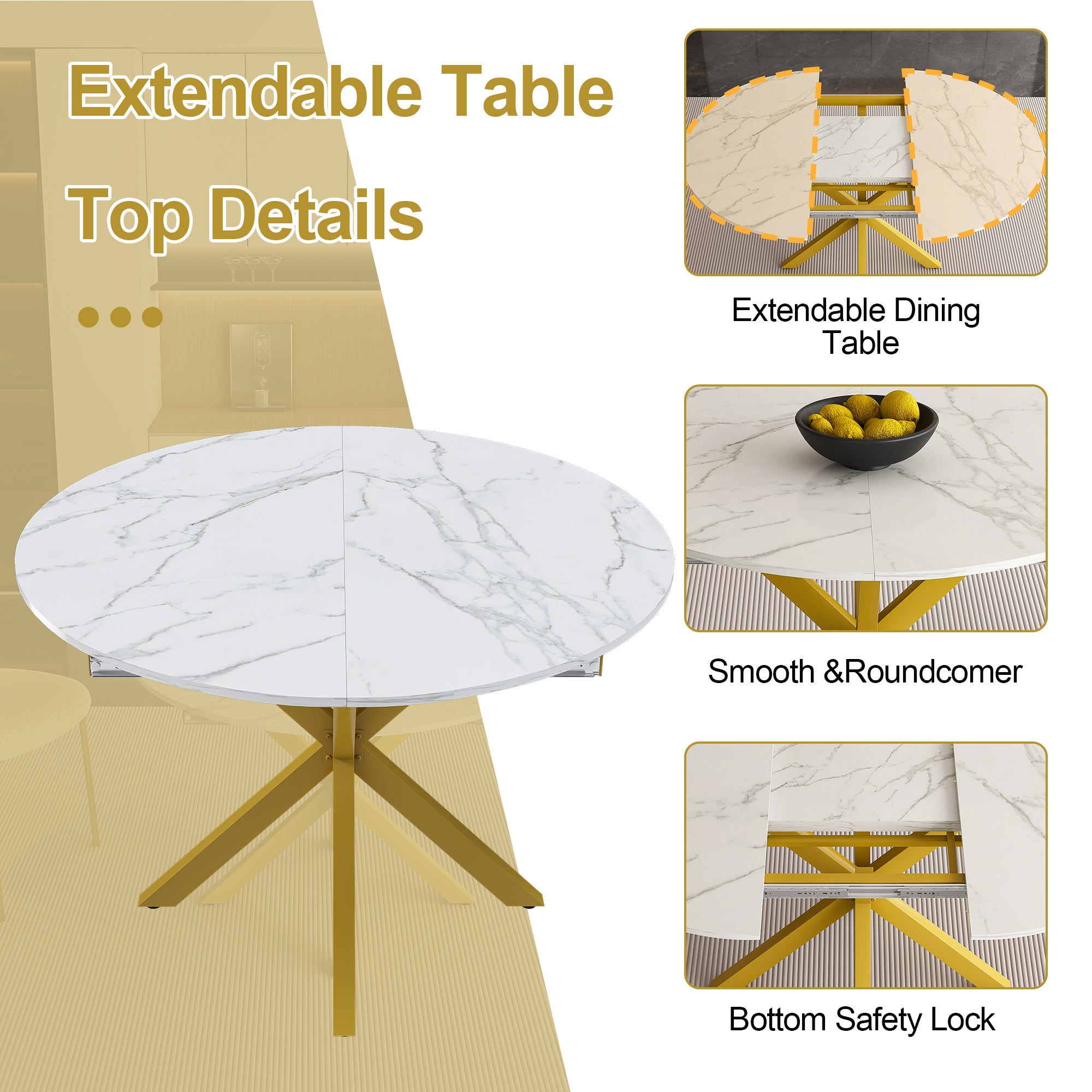 PAPROOS Extendable Dining Table for 4-6, 60'' Expandable Round Dining Room Table with Metal Legs, Faux Marble Kitchen Table for Small Places, Breakfast Nook