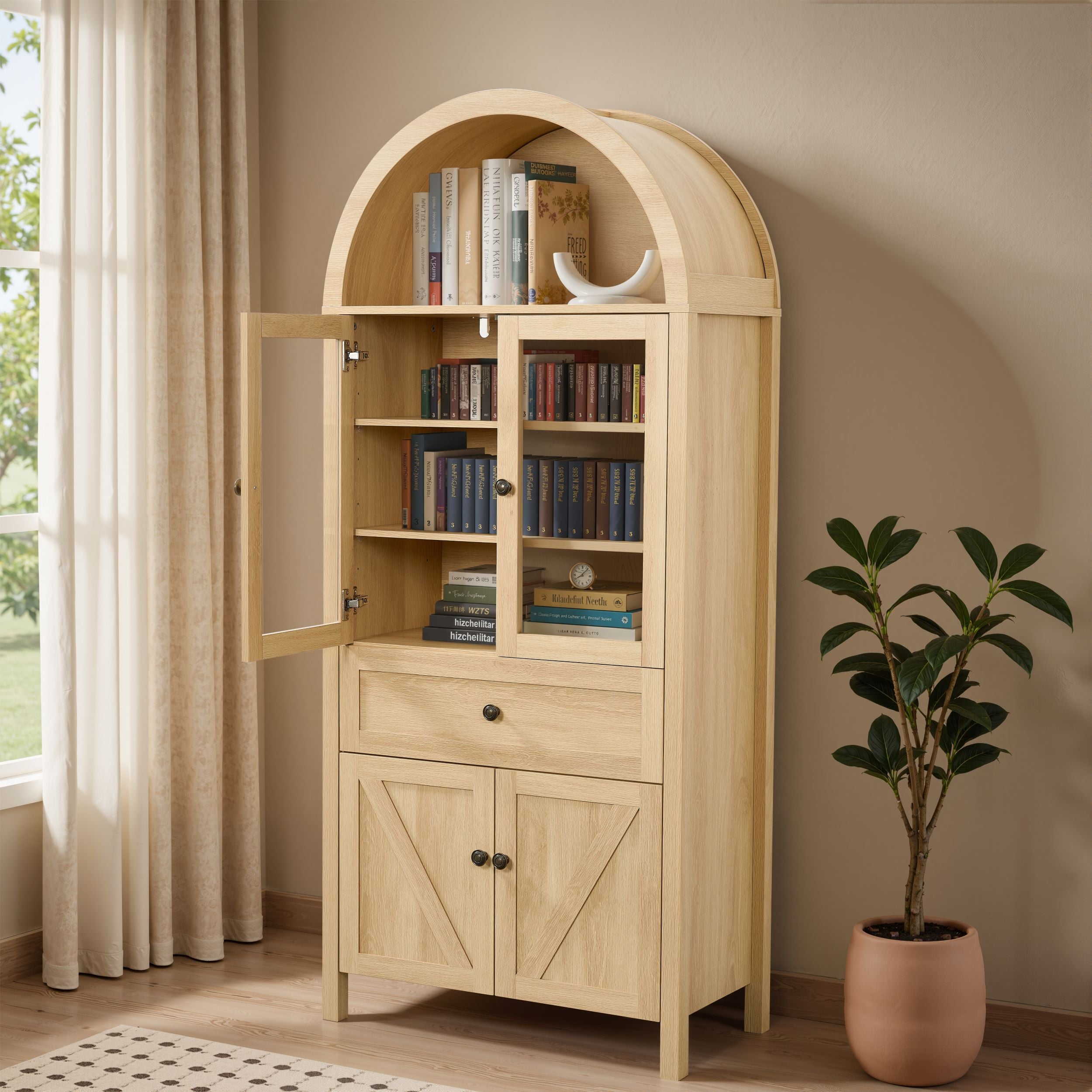 PAPROOS 71'' Arched Pantry Storage Cabinet, Kitchen Pantry Cabinet with Drawers and Doors, Adjustable Shelves, Display Cabinet for Dining Room Living Room,