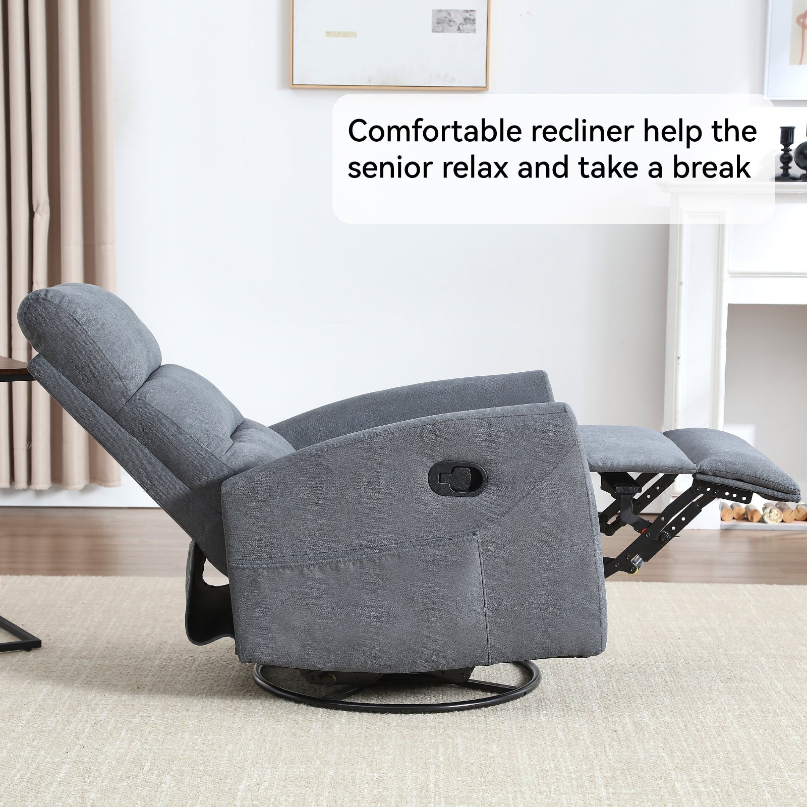 PAPROOS Swivel Rocker Recliner, Fabric 360° Swivel Rocking Recliner with 2 Side Pockets, Glider Rocking Chair for Baby Nursery, Manual Recliner for Adults for Home Theater Living Room