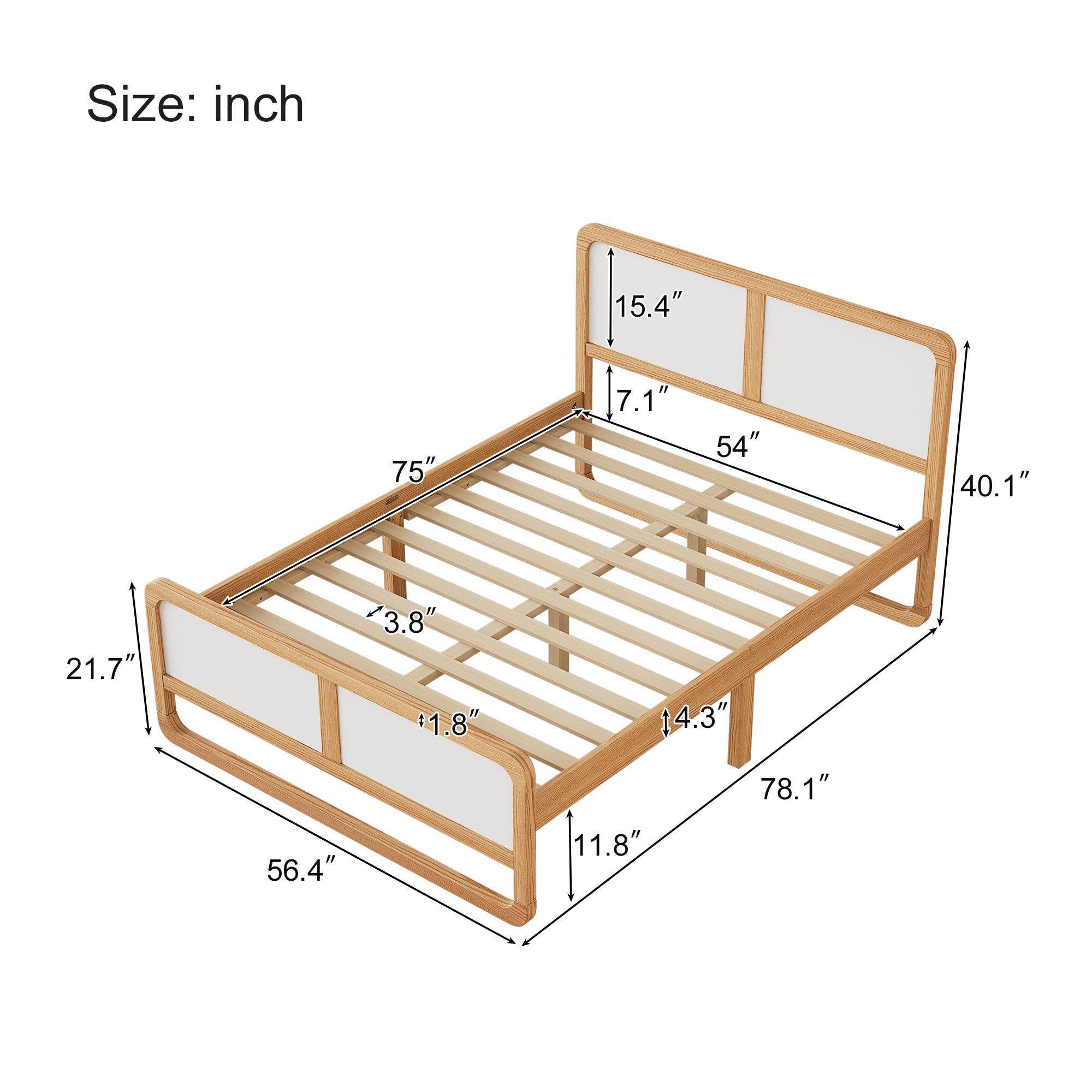 PAPROOS Queen Platform Bed Frame, Solid Wood Bed Frame with Headboard, Modern Queen Size Bed with Slats, No Box Spring Needed, White/Walnut