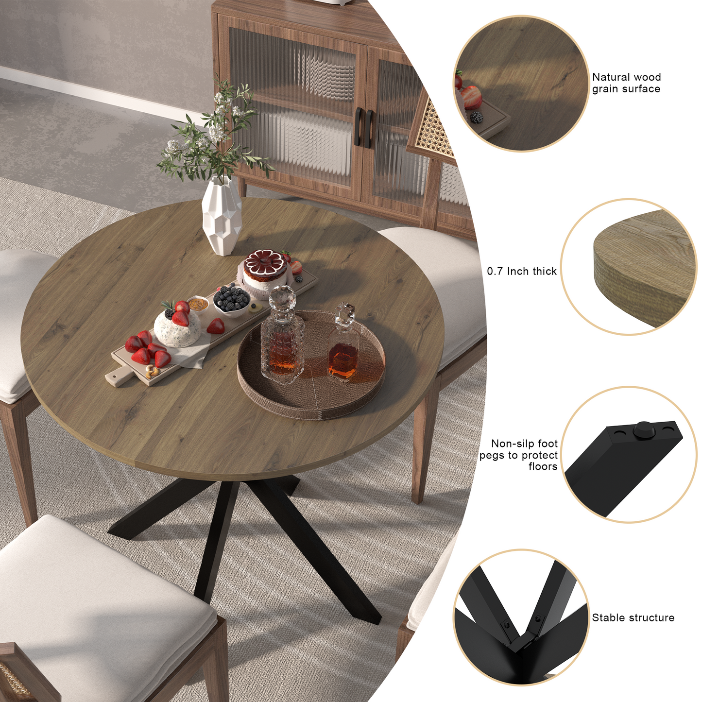 PAPROOS 31" Round Dining Table for 4, Kitchen Table, Dining Room Table with Thickened Wooden Tabletop and Metal Legs