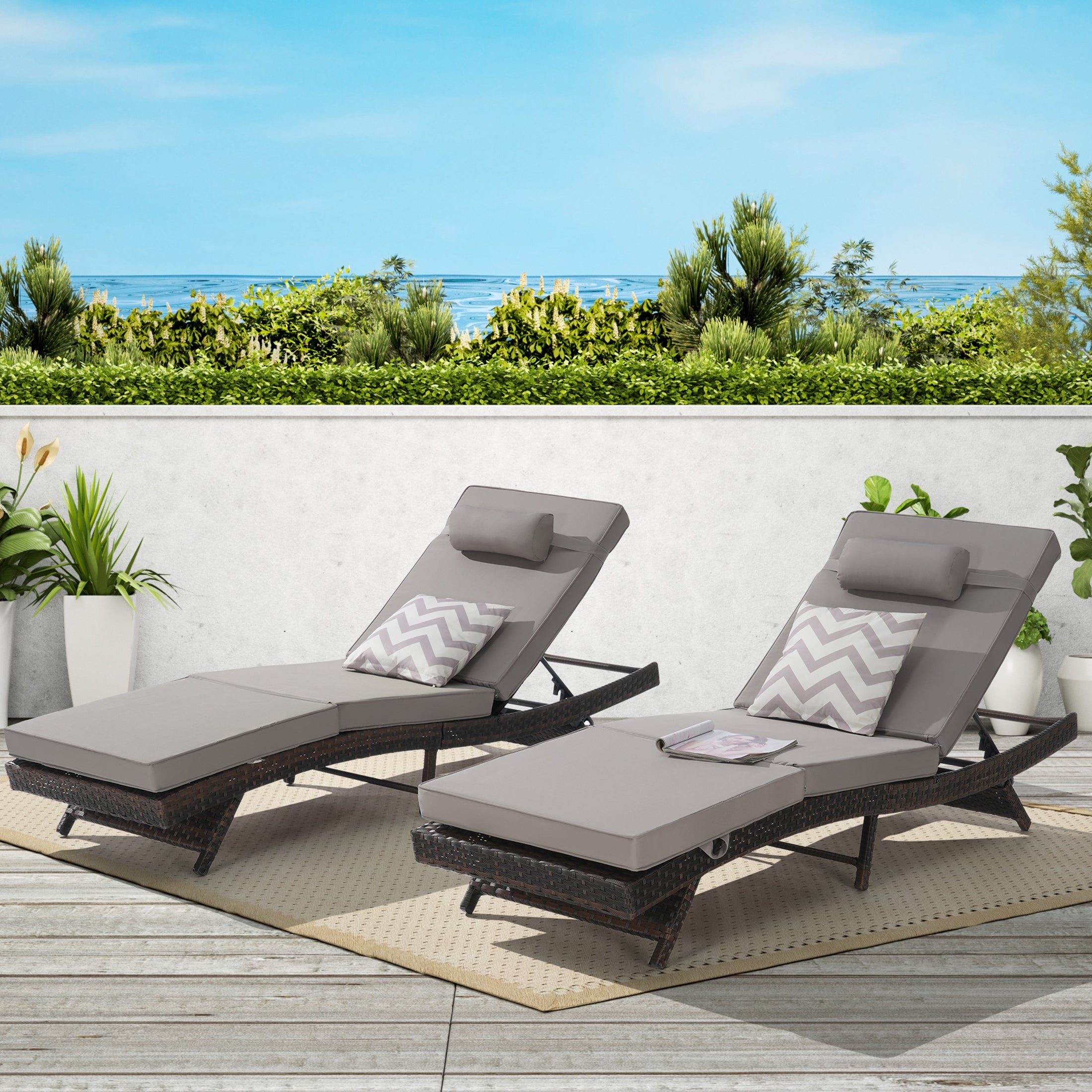 Outdoor Chaise Lounge Chair Set of 2, Wicker Outdoor Lounger Recliner with Cushions and 5-Level Adjustment Backrest, Modern Patio Lounge Chair for Poolside, Garden,