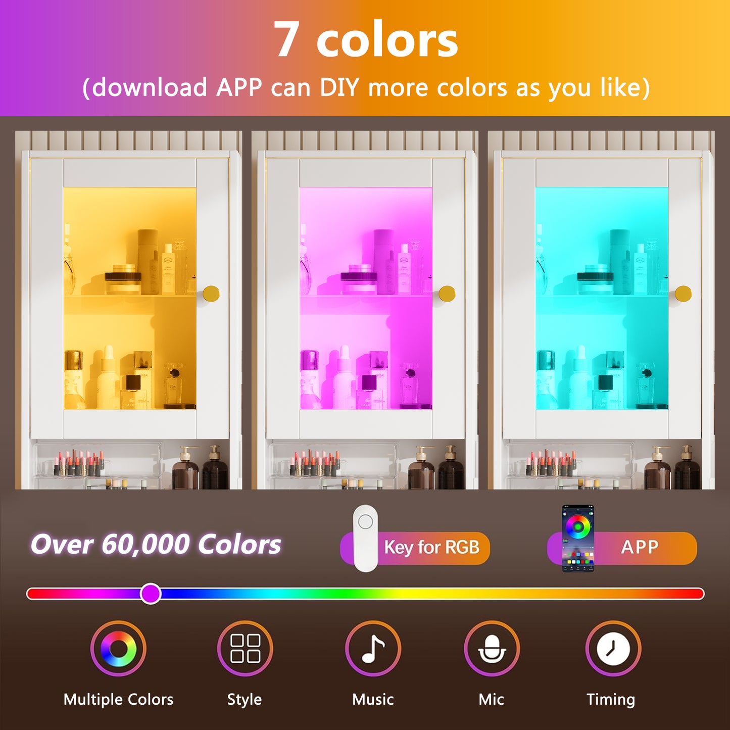 Vanity Desk with Mirror and LED Light, PAPROOS Makeup Vanity with Cabinet and 3 Drawers, Makeup Table with Anti-tipping Function, Upholstered Stool with storage, Shelves with Door, White