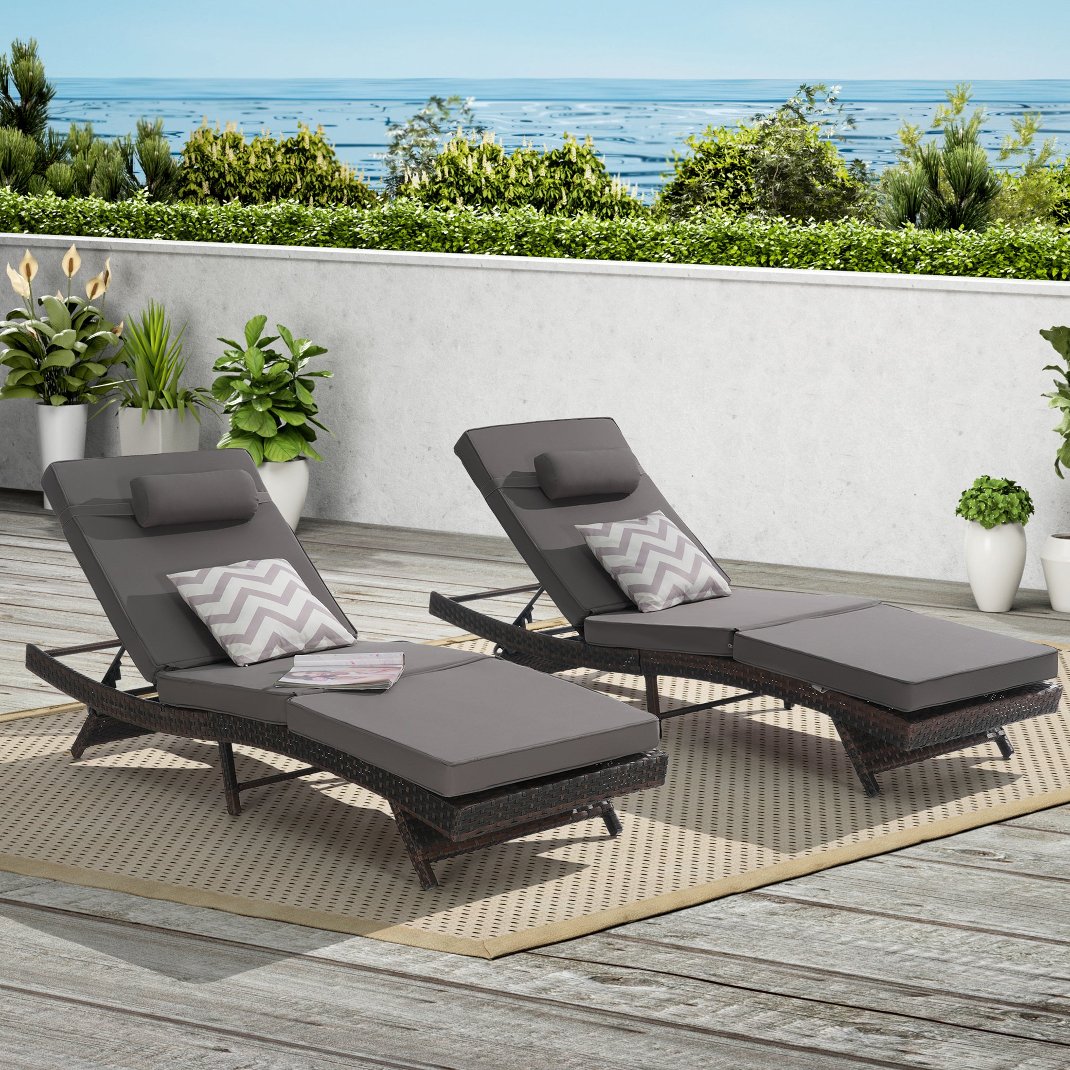 Outdoor Chaise Lounge Chair Set of 2, Wicker Outdoor Lounger Recliner with Cushions and 5-Level Adjustment Backrest, Modern Patio Lounge Chair for Poolside, Garden,
