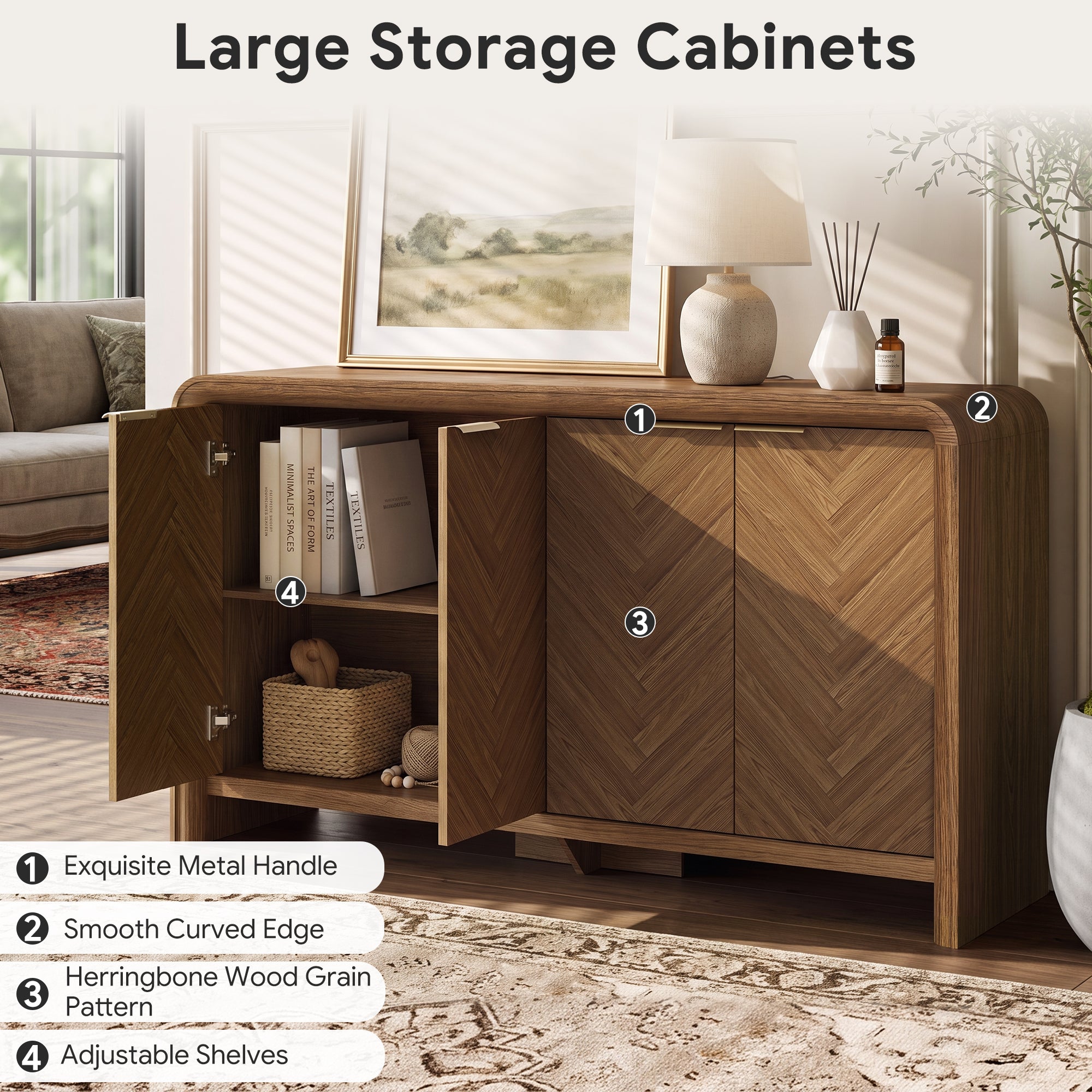 PAPROOS 55" Sideboard Buffet Cabinet with Storage, 4-Door Herringbone Wood Credenza with Adjustable Shelves, Walnut Accent Cabinet for Dining Room, Living Room, Entryway