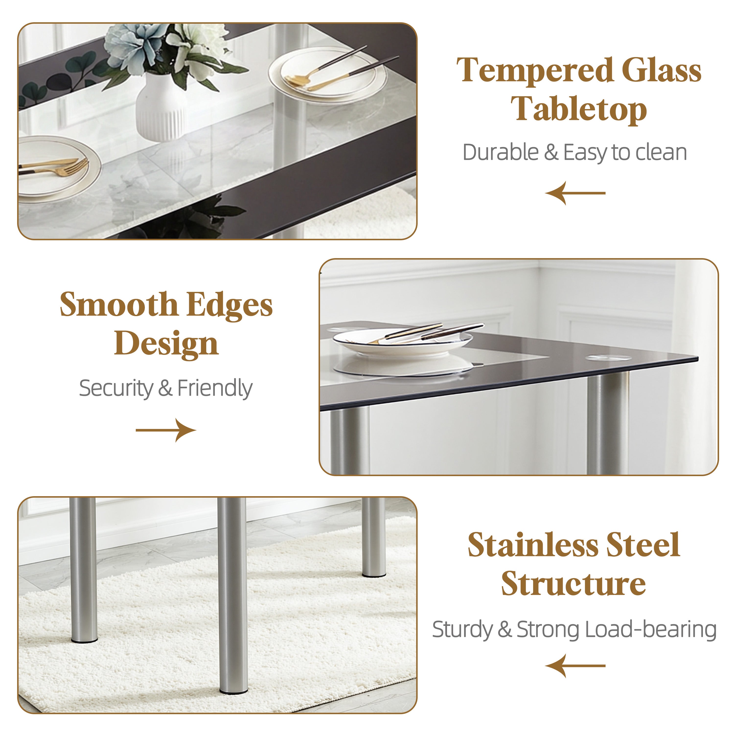 PAPROOS Tempered Glass Dining Table for 4