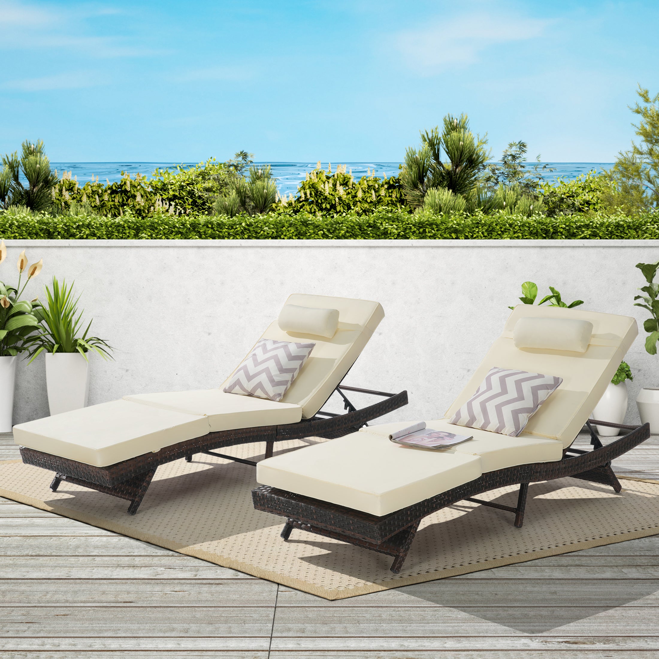 Outdoor Chaise Lounge Chair Set of 2, Wicker Outdoor Lounger Recliner with Cushions and 5-Level Adjustment Backrest, Modern Patio Lounge Chair for Poolside, Garden,