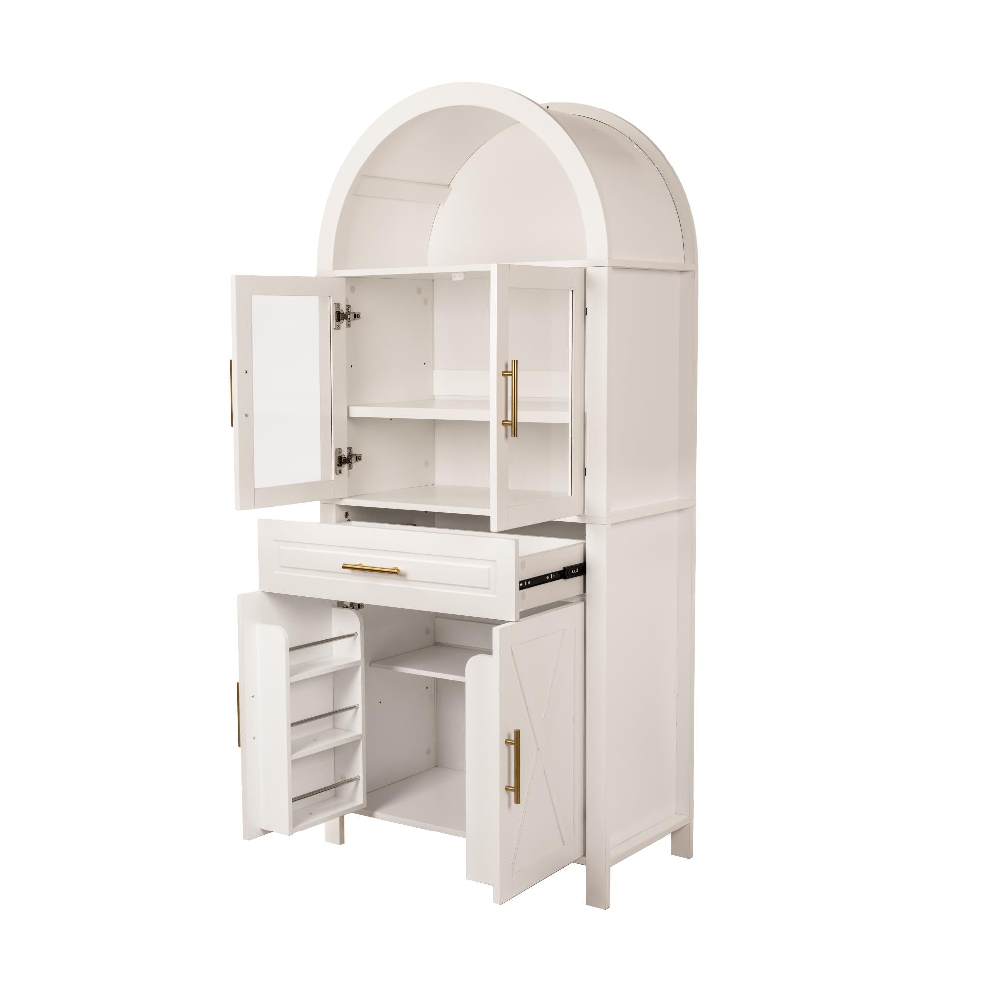 PAPROOS 71" Tall Arched Pantry Storage Cabinet with Glass Door, Farmhouse Pantry Cabinet with Built-in Racks & Adjustable Shelves, Barn Door Design Kitchen Storage for Living Room Dining Room, White