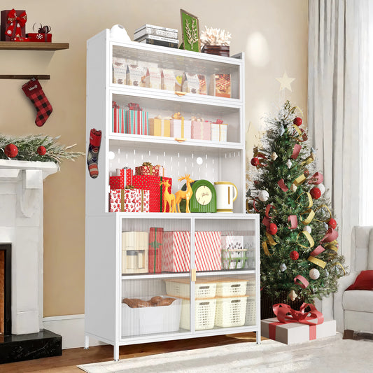 PAPROOS 73” Tall Kitchen Pantry Cabinet, Metal Pantry Cabinet with 6 Level Flip Doors, Pegboard, Modern Pantry Storage Cabinet with Anti-Tip Design, Hutch for Kitchen, Dining Room, Living Room