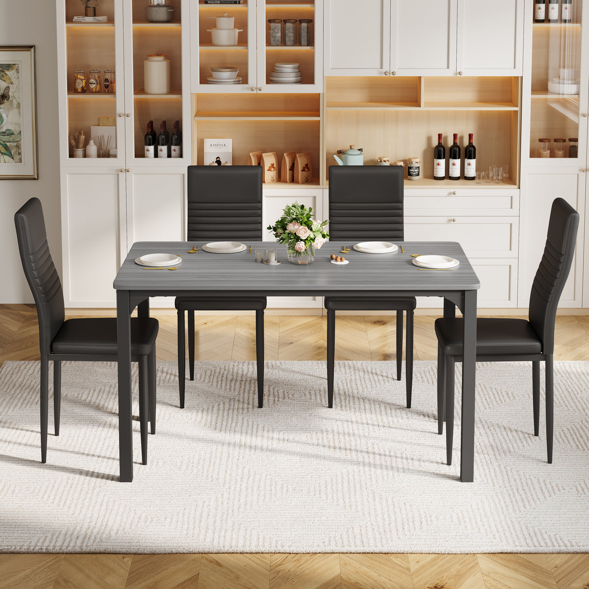 5 Piece Dining Table Set for 4, Paproos Wooden Dining Table and Chairs Set, Modern Kitchen Table Set with PU Leather Upholstered Chairs, Dining Room Table Set for Living Room Breakfast Nook