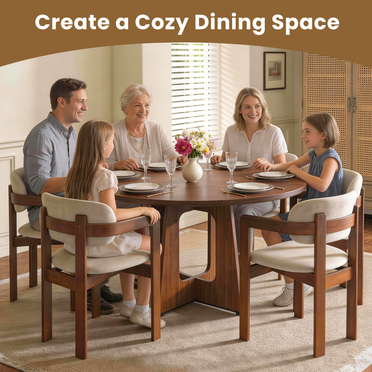 Round Dining Table for 4-6, PAPROOS 47'' Large Wood Kitchen Table, Dining Room Table with Wide Tabletop & Cross Base, Circle Dining Table Dinner Table for Kitchen Dining Room, Brown(Only Table)