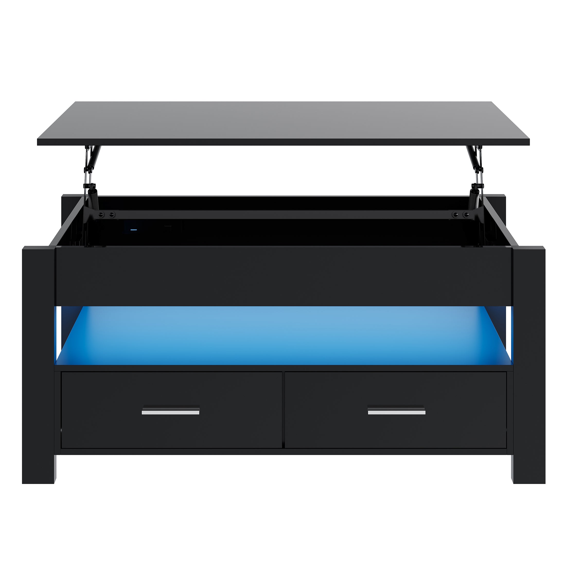 PAPROOS Lift Top Coffee Table for Living Room, Modern High Gloss Desktop Coffee Table with LED Light, Wood Coffee Table with Lifting Top and 2 Drawers, Hidden Storage, Black