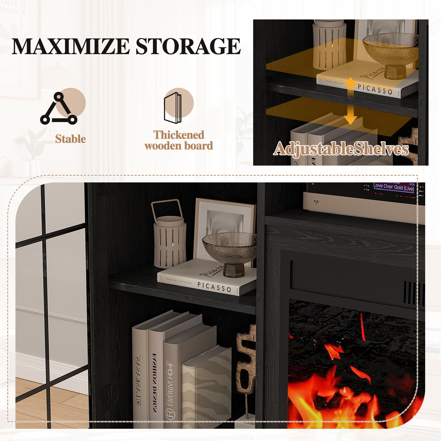 PAPROOS 63" Fireplace TV Stand for TVs up to 70" with 32" Electric Fireplace, Entertainment Center with LED, Modern Television Table Center With Remote Control for Living Room, Black