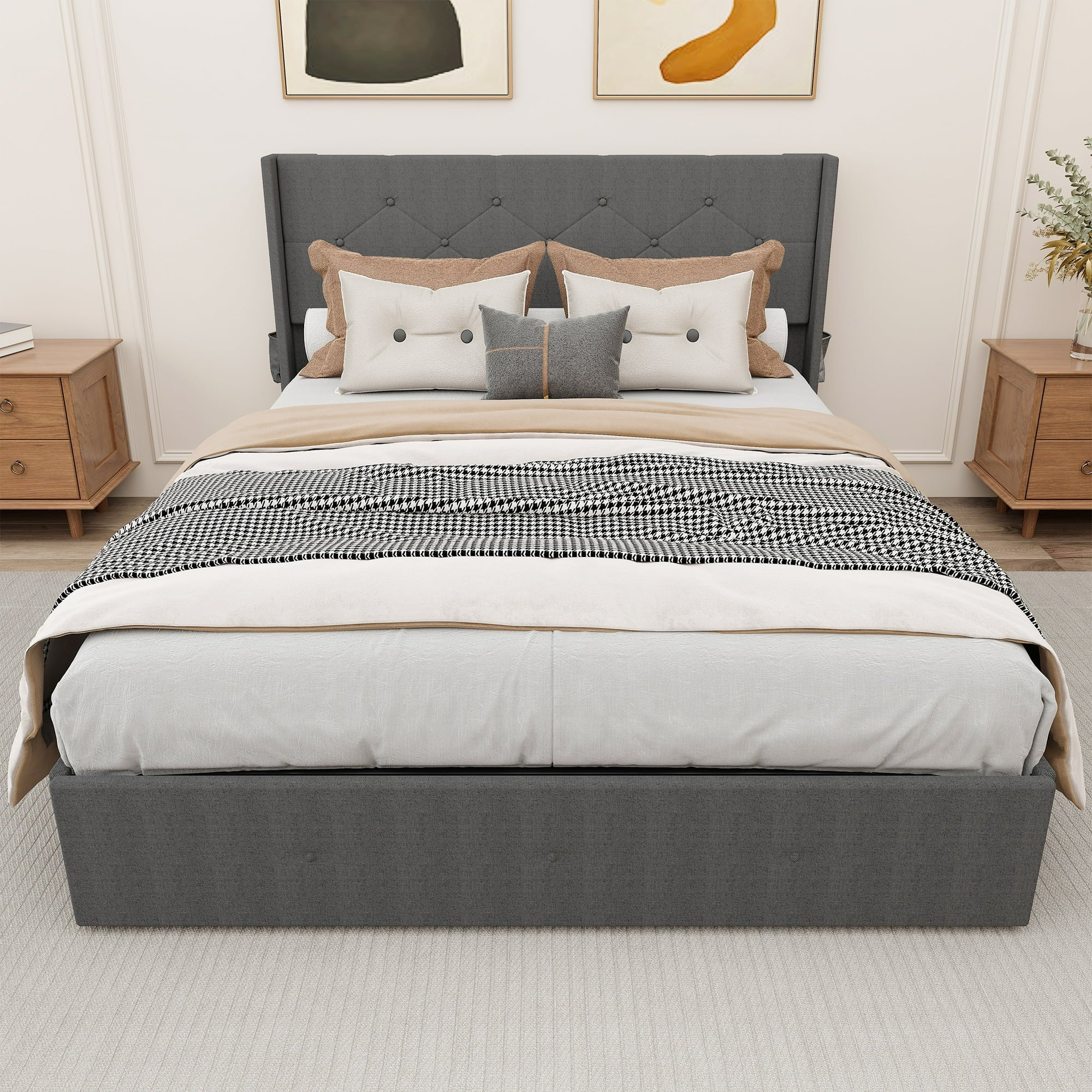 Full Size Bed Frame with USB Charging Station, Upholstered Platform Bed Frame with Gas Lift Storage Bed, Wingback Storage Headboard, No Box Spring Needed, Light Gray