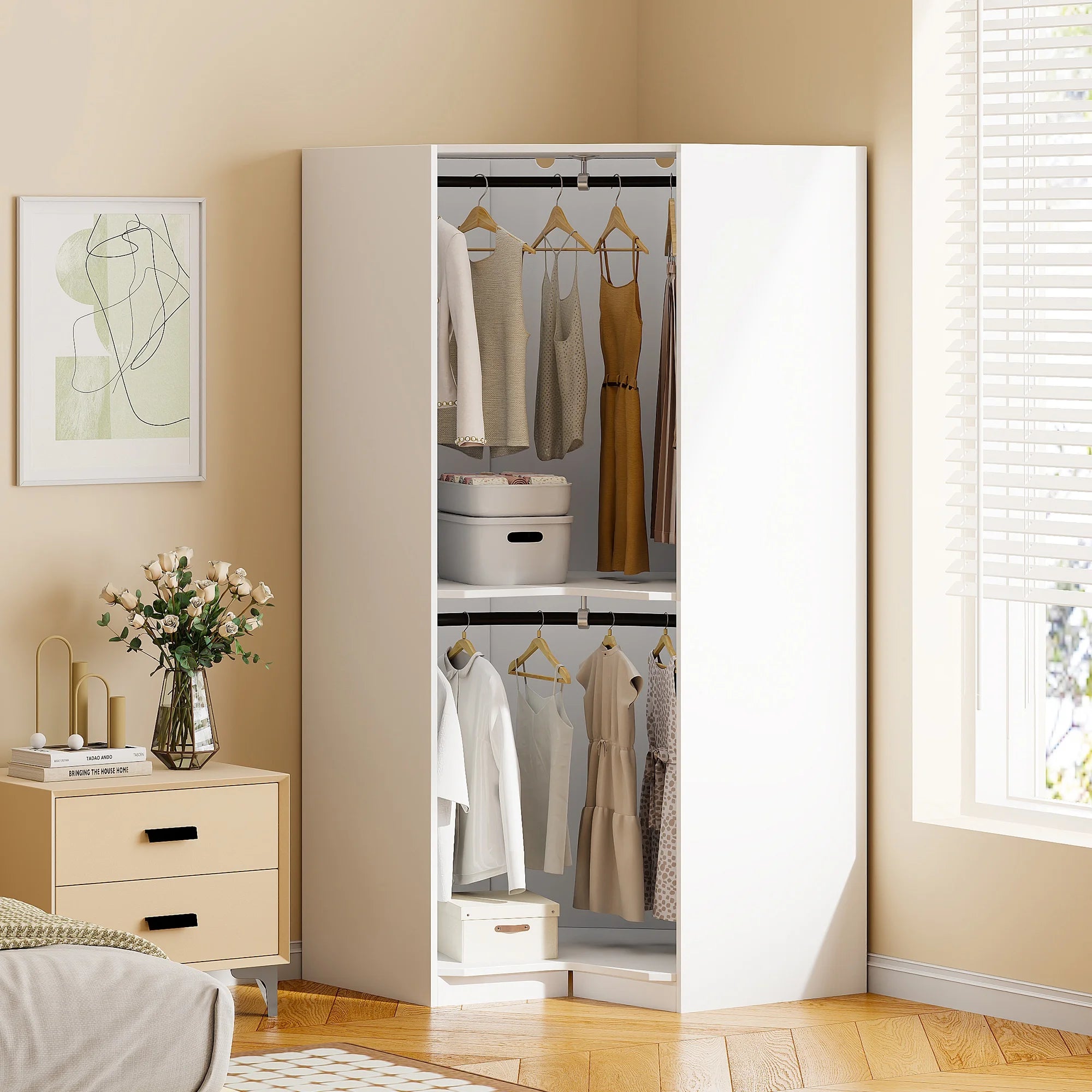 PAPROOS Corner Armoire Wardrobe, Corner Closet System, 43.3 Inches Wide Wood Corner Unit with 2 Hanging Rods, 2-Tier Corner Wood Closet Tower, Gray