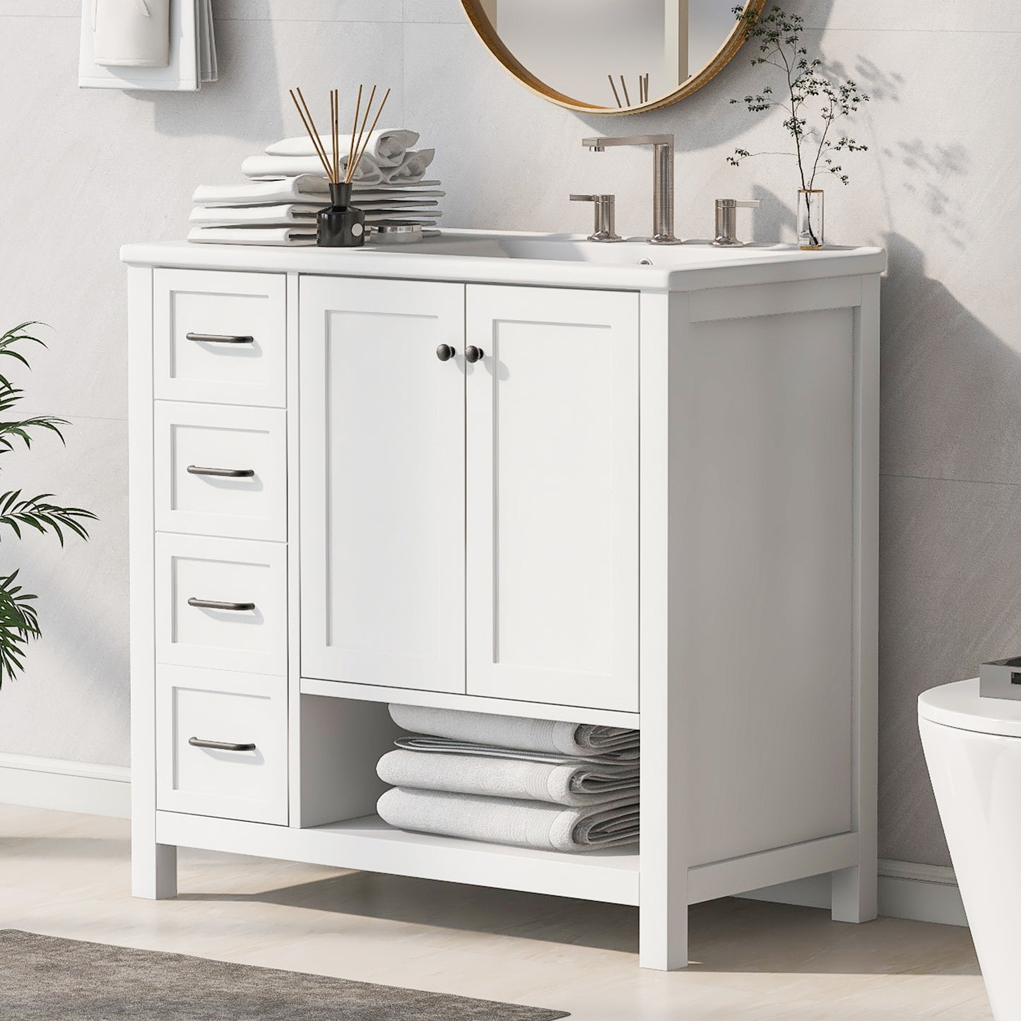 PAPROOS 36” Bathroom Vanity with Sink, Wood Bathroom Storage Cabinet with 2 Doors and 2 Drawers, Modern Basin Cabinet with Open Shelf, Freestanding Solid Wood Frame Bathroom Vanity, White