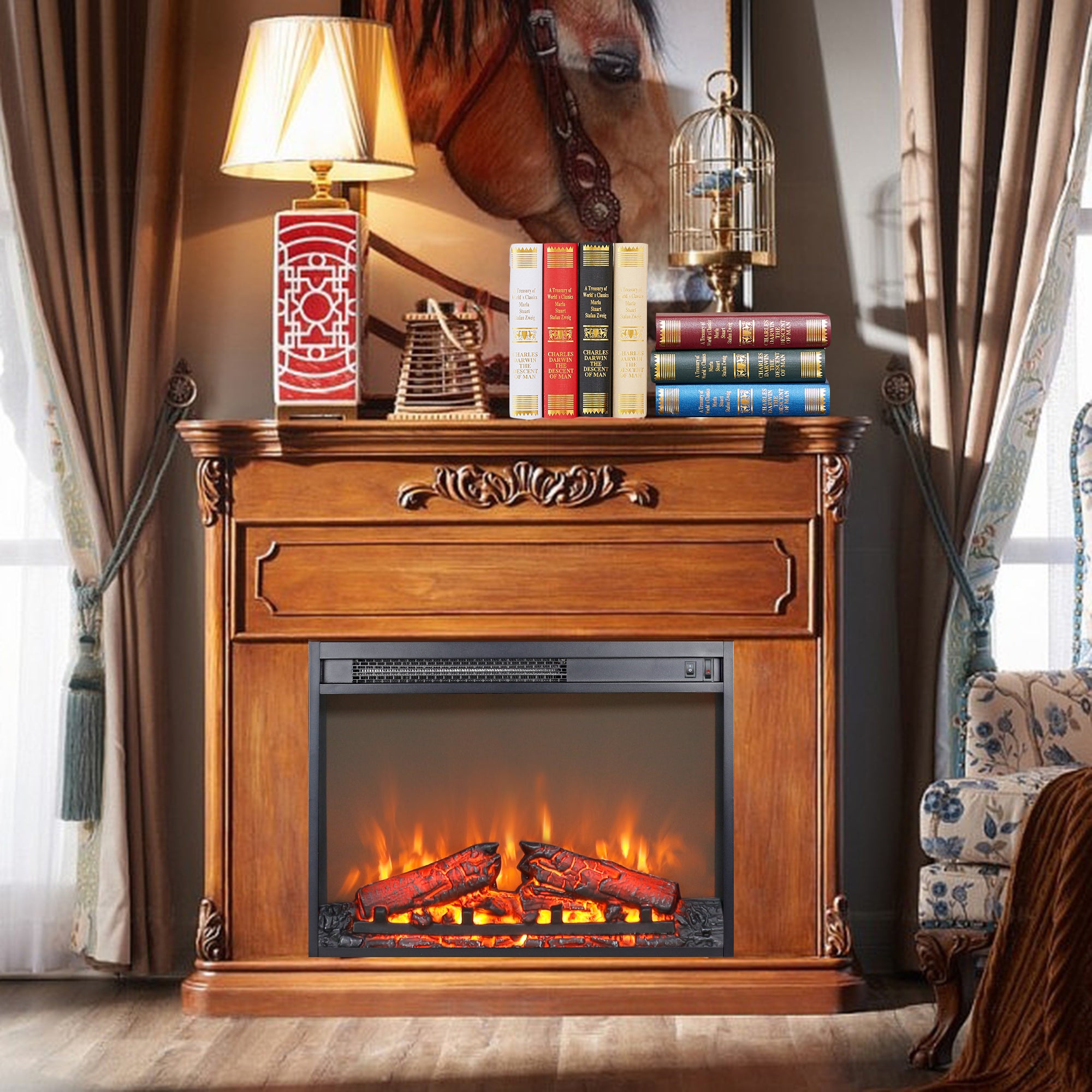 23 Inch Electric Fireplace Insert Heater, PAPROOS Freestanding & Recessed Fireplace Heater with Log Set, Realistic Flame, Electric Fireplace without Control, 1400W, Antique Black