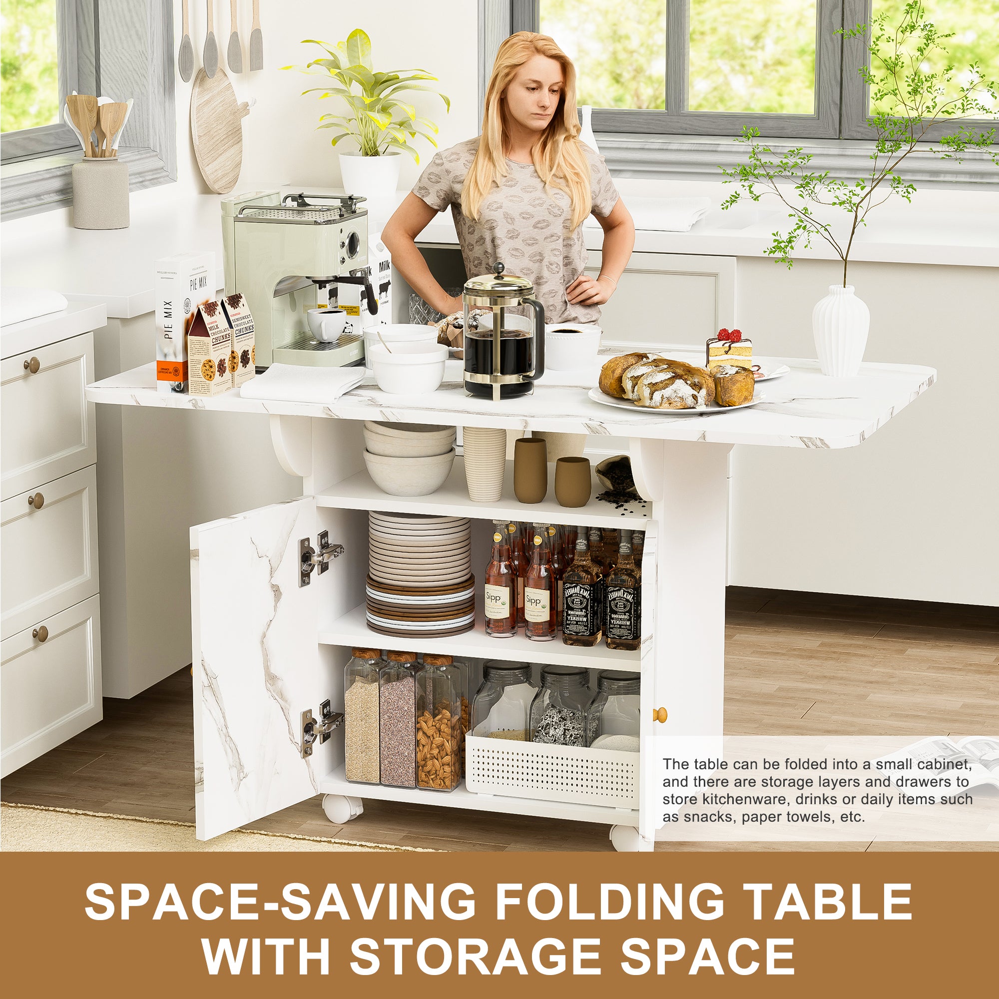 PAPROOS Folding Dining Table, 47'' Expandable Dining Table with Storage Racks & Storage Shelves & Wheels, Drop Leaf Kitchen Table with Marble-color, Space Saving Dining Room Table, White