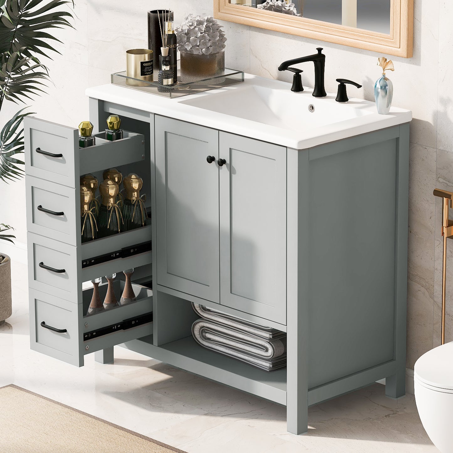 PAPROOS 36” Bathroom Vanity with Sink, Wood Bathroom Storage Cabinet with 2 Doors and 2 Drawers, Modern Basin Cabinet with Open Shelf, Freestanding Solid Wood Frame Bathroom Vanity, White