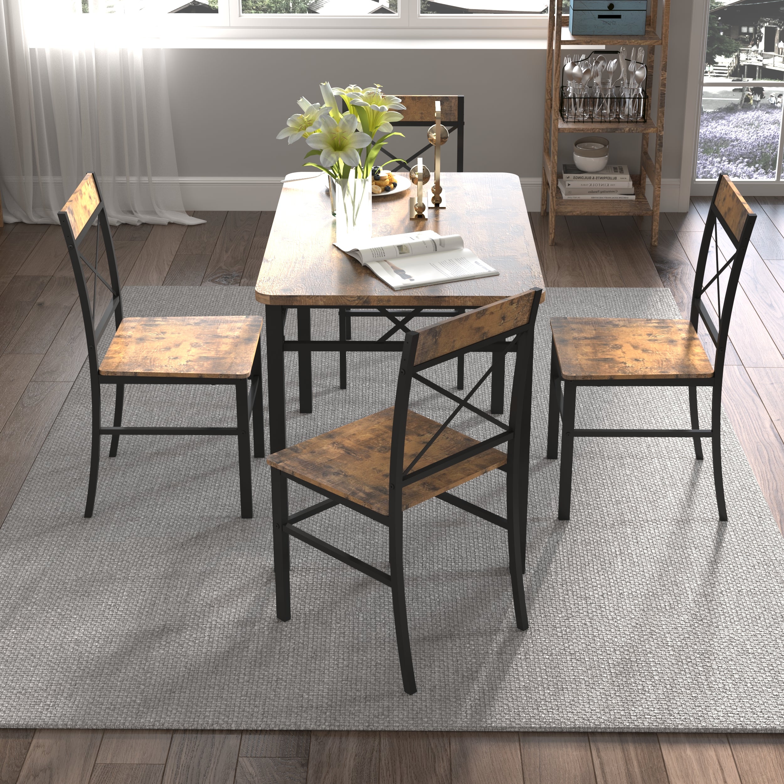 PAPROOS Dining Table Set, 5 Piece Dining Set, 43" Rectangle Kitchen Table and 4 Chairs, Modern Industrial Dining Table for Breakfast Nook, Kitchen Dining Room, Rustic Brown