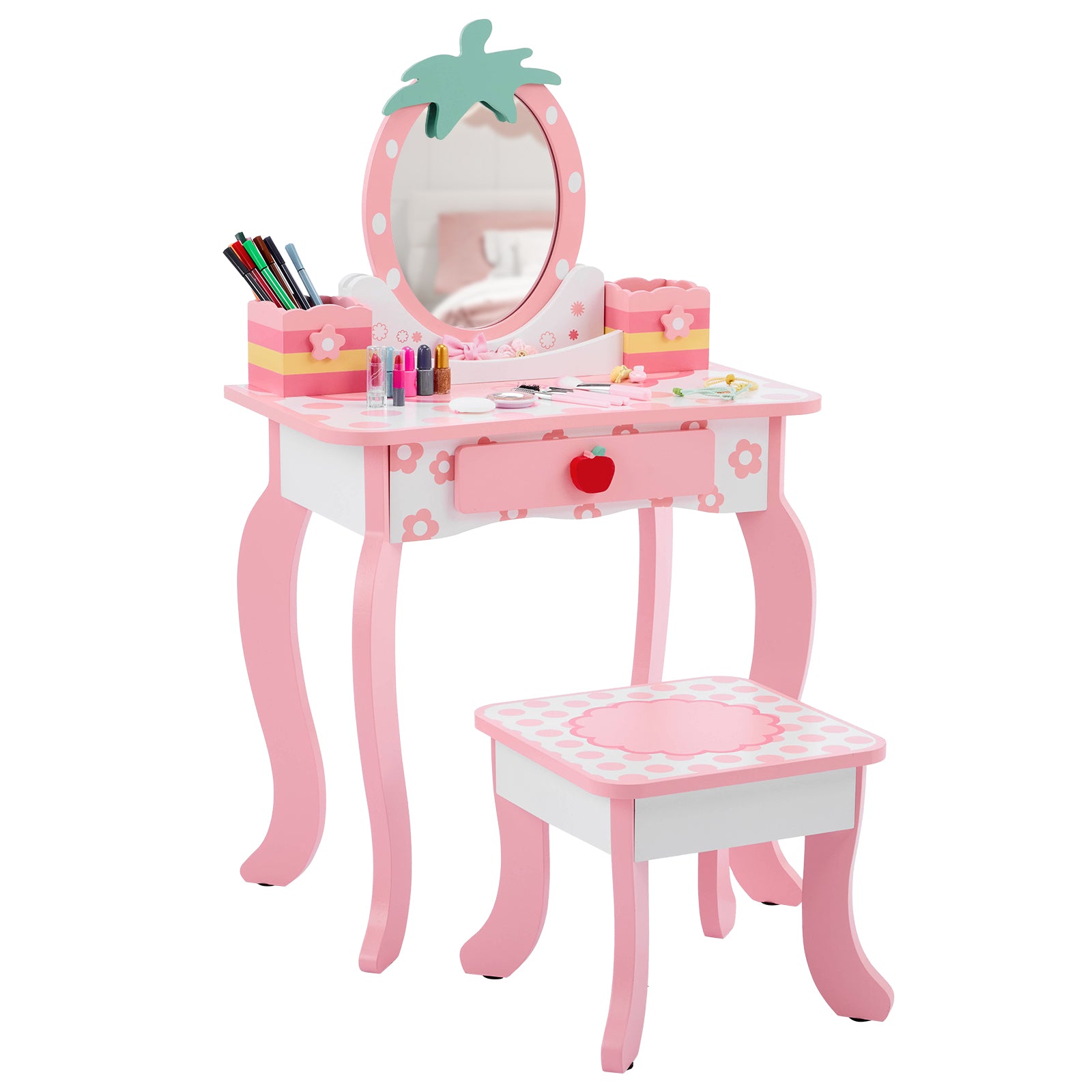 Paproos Kids Vanity Set with Mirror, Wood Pretend Play Princess Makeup Vanity Table and Chair with Drawer, Toddler Dressing Table with Apple Design, Cute Makeup Desk Set for Little Girls 3+, Pink