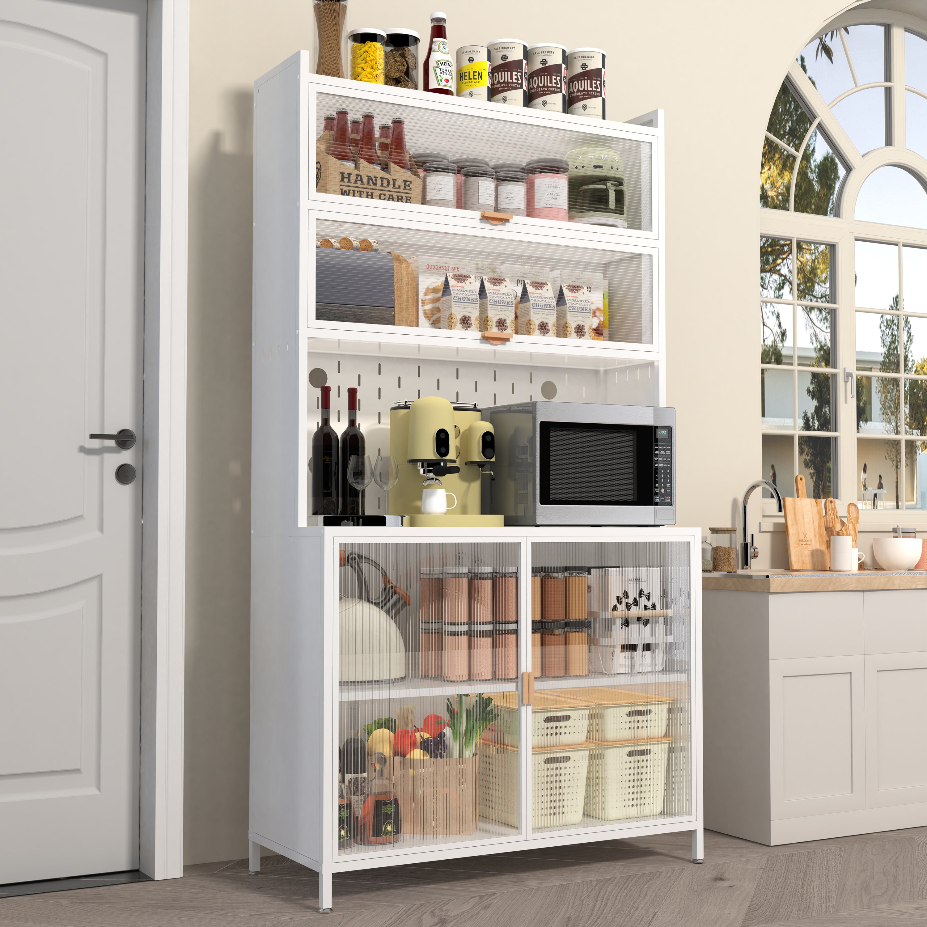 PAPROOS 73” Tall Kitchen Pantry Cabinet, Metal Pantry Cabinet with 6 Level Flip Doors, Pegboard, Modern Pantry Storage Cabinet with Anti-Tip Design, Hutch for Kitchen, Dining Room, Living Room
