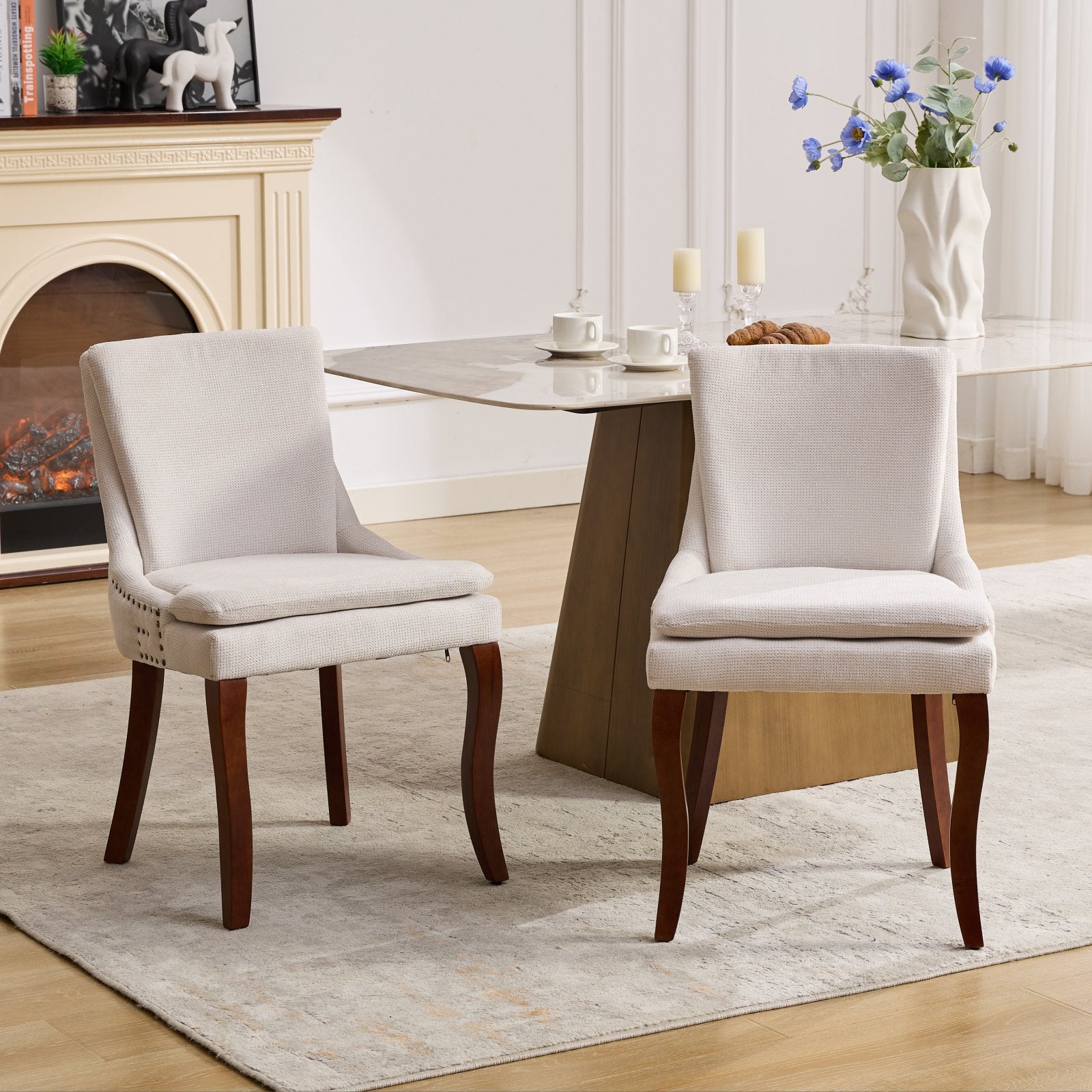 Dining Chairs Set of 2, Paproos Chenille Upholstered Dining Chairs, Modern Accent Chair with Nailhead Trim, Side Chair with Backrest and Wooden Curved Legs for Kitchen Dining Living Room