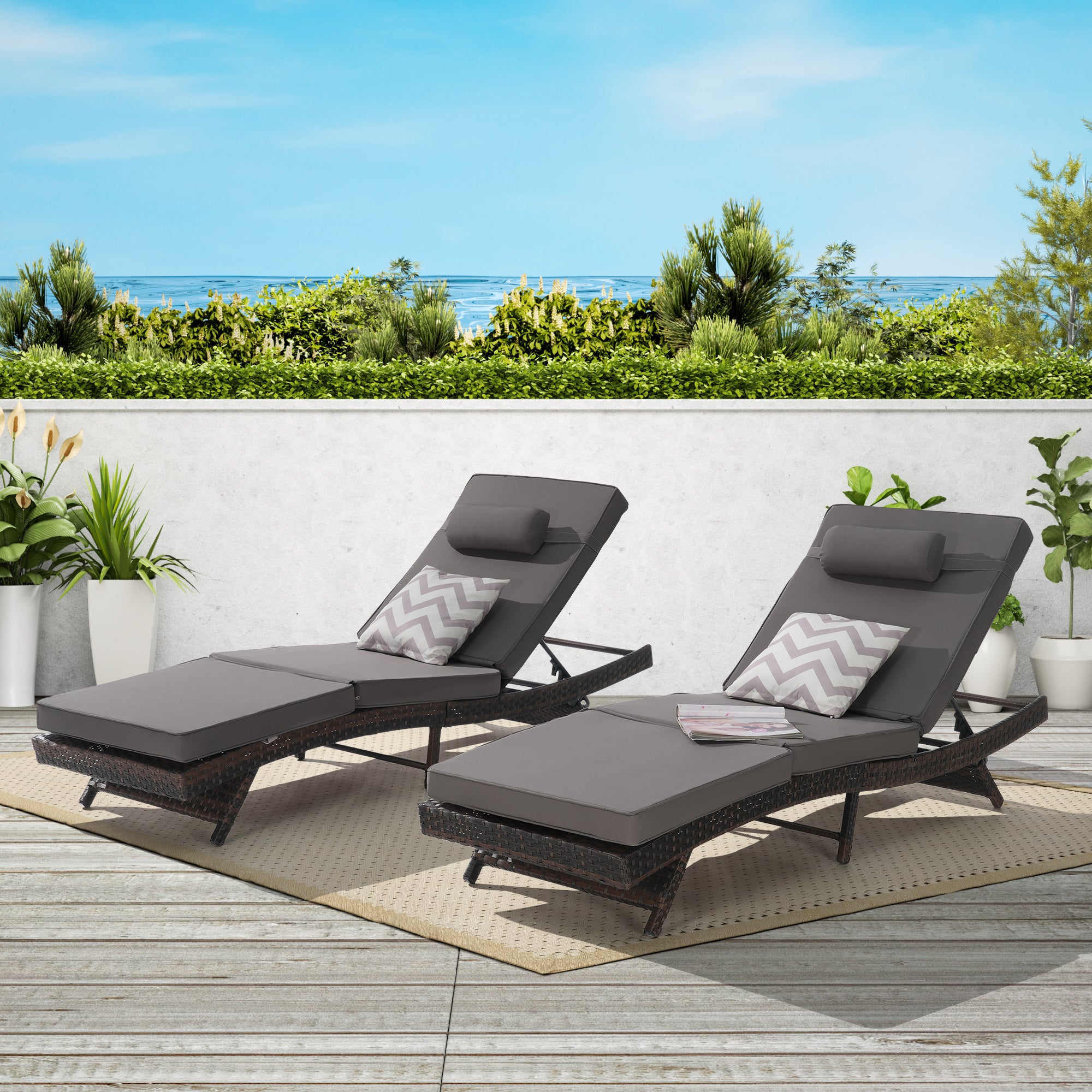 Outdoor Chaise Lounge Chair Set of 2, Wicker Outdoor Lounger Recliner with Cushions and 5-Level Adjustment Backrest, Modern Patio Lounge Chair for Poolside, Garden,