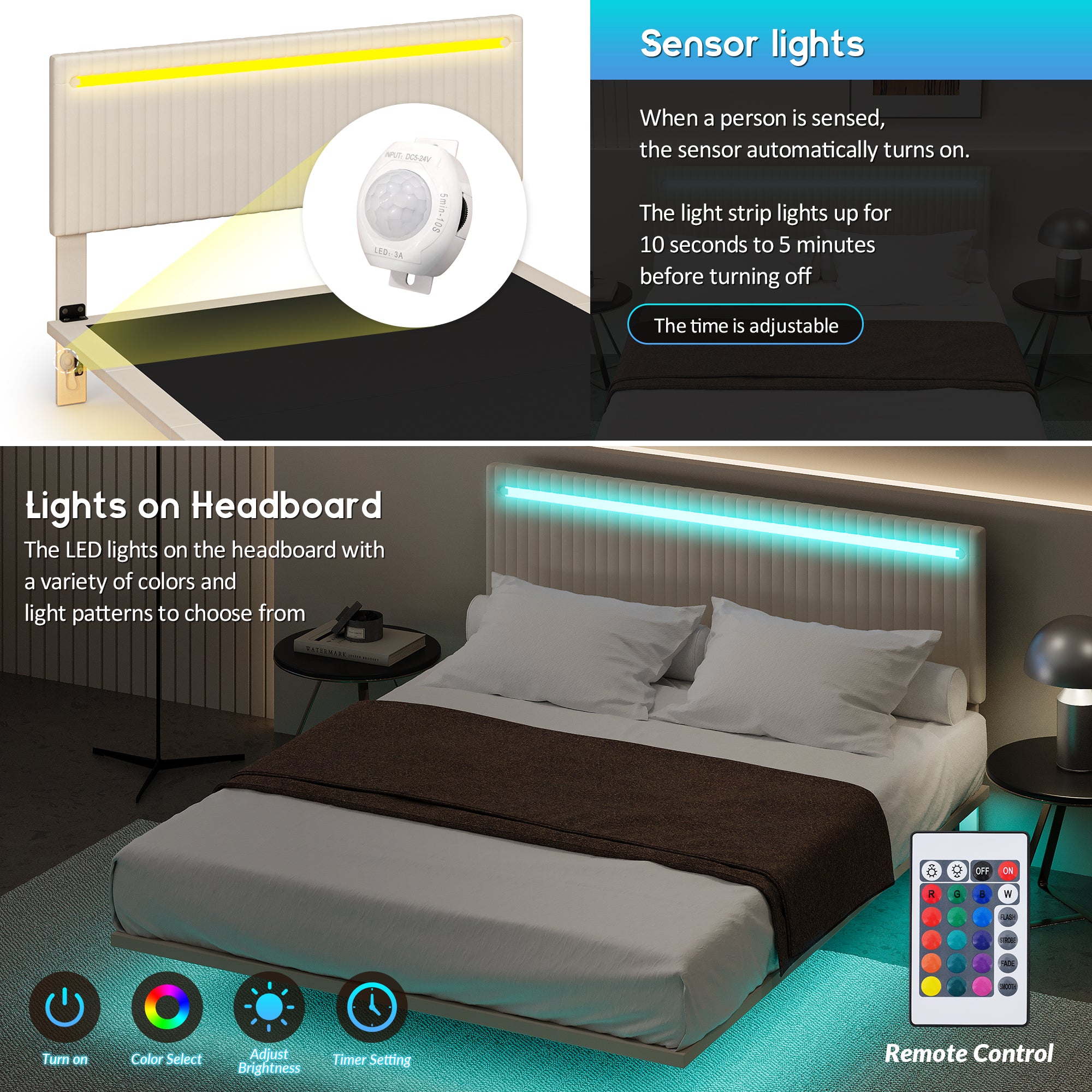 PAPROOS Full Floating Bed Frame, Upholstered Velvet Platform Bed Frame with Adjustable Headboard, RGB LED Lights, Modern Full Size Bed Frame with Underbed Sensor Lights, No Box Spring Needed, Beige