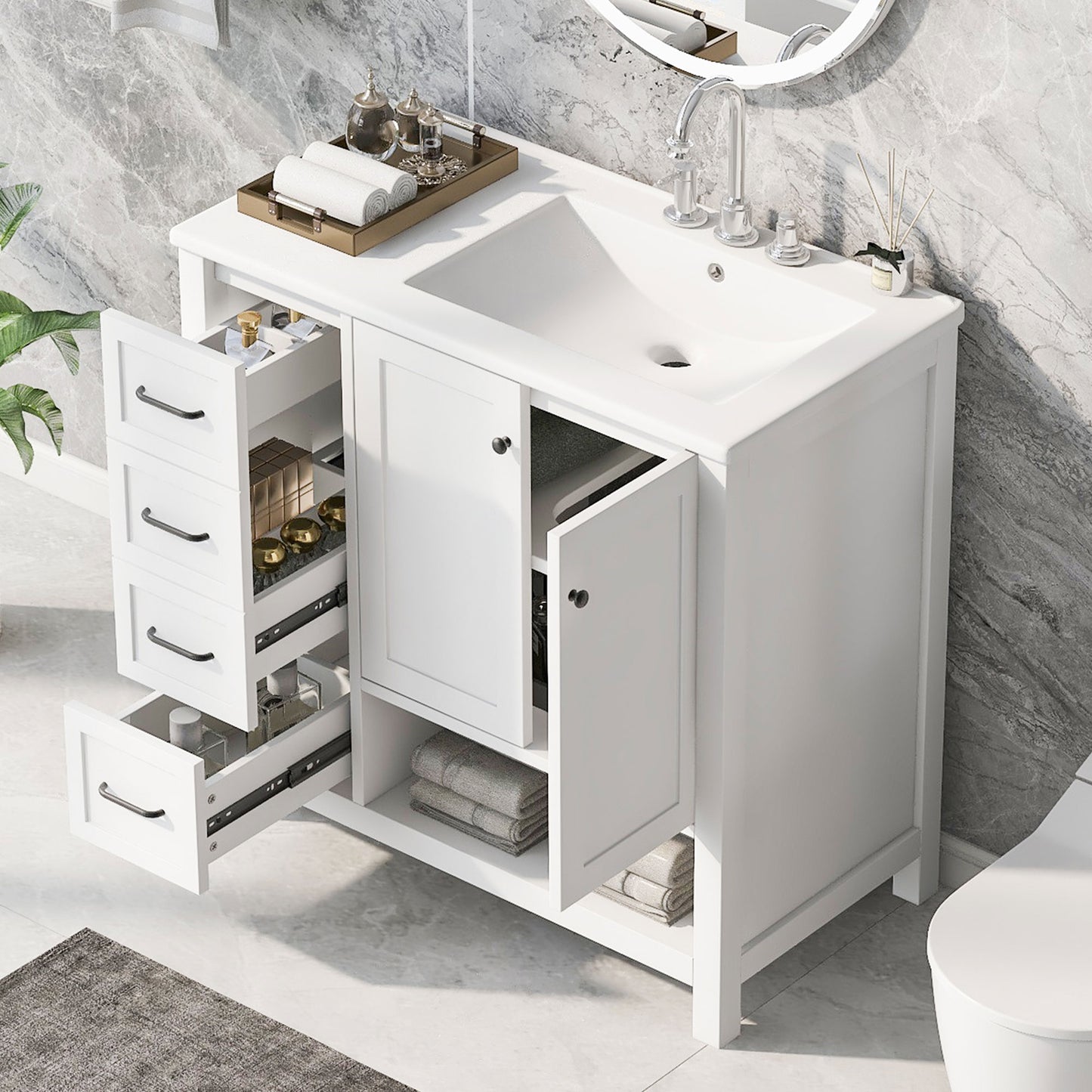 PAPROOS 36” Bathroom Vanity with Sink, Wood Bathroom Storage Cabinet with 2 Doors and 2 Drawers, Modern Basin Cabinet with Open Shelf, Freestanding Solid Wood Frame Bathroom Vanity, White
