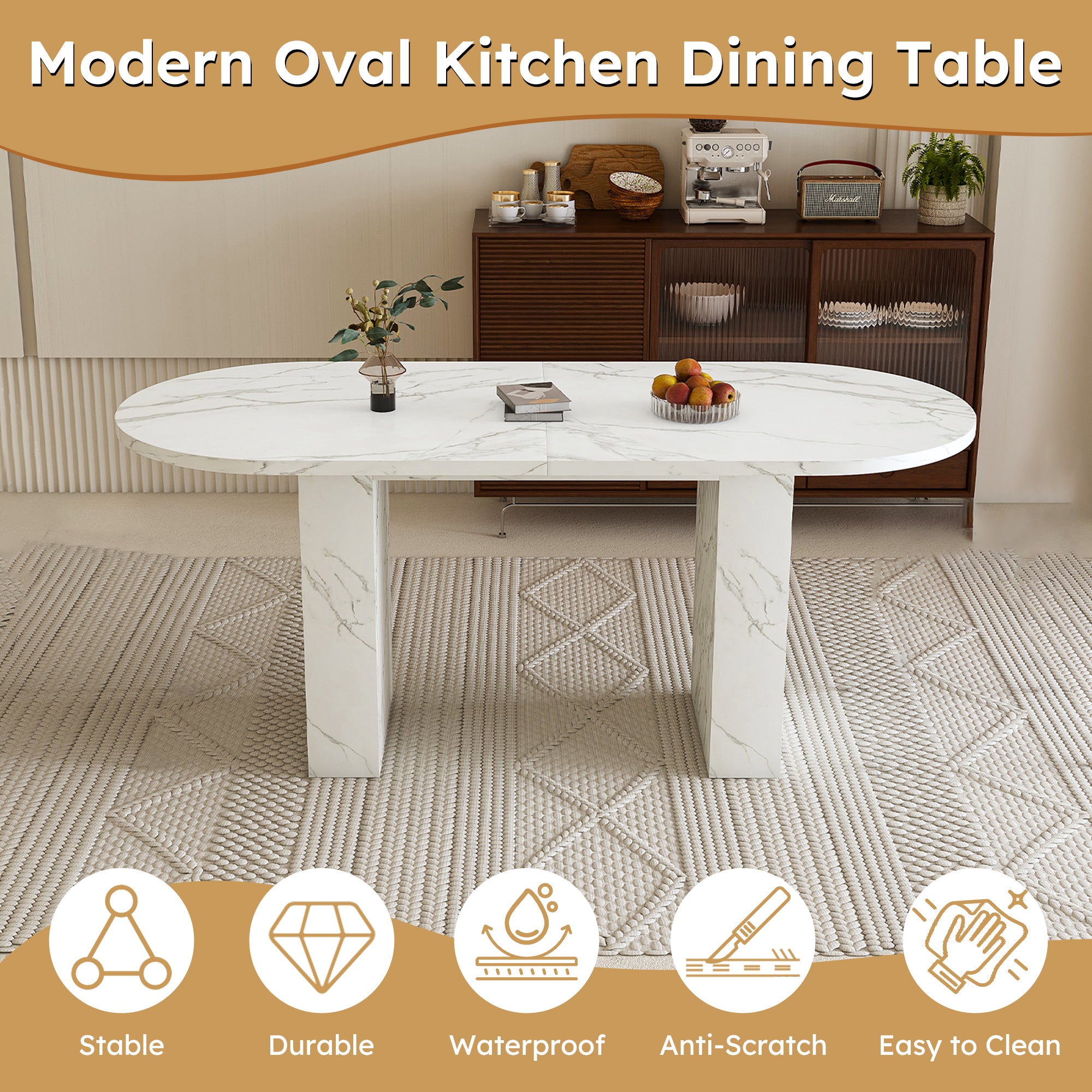 63inch Oval Dining Table for 4-6, Paproos Kitchen Table with Marble-Color Wood Waterproof Tabletop, Wooden Strip Base, Wood Dining Room Table for Office Dining Living Room, White(Only Table)