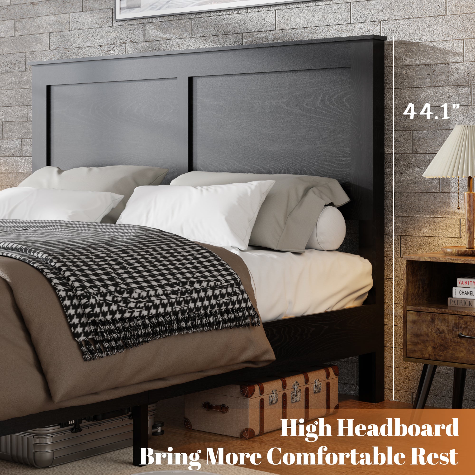 PAPROOS Queen Size Bed Frame, Wooden Queen Bed with Headboard, Modern Farmhouse Platform Bed with Underbed Storage, Queen Wooden Bed Frame, No Box Spring Needed, Black（Mattress Not Included)