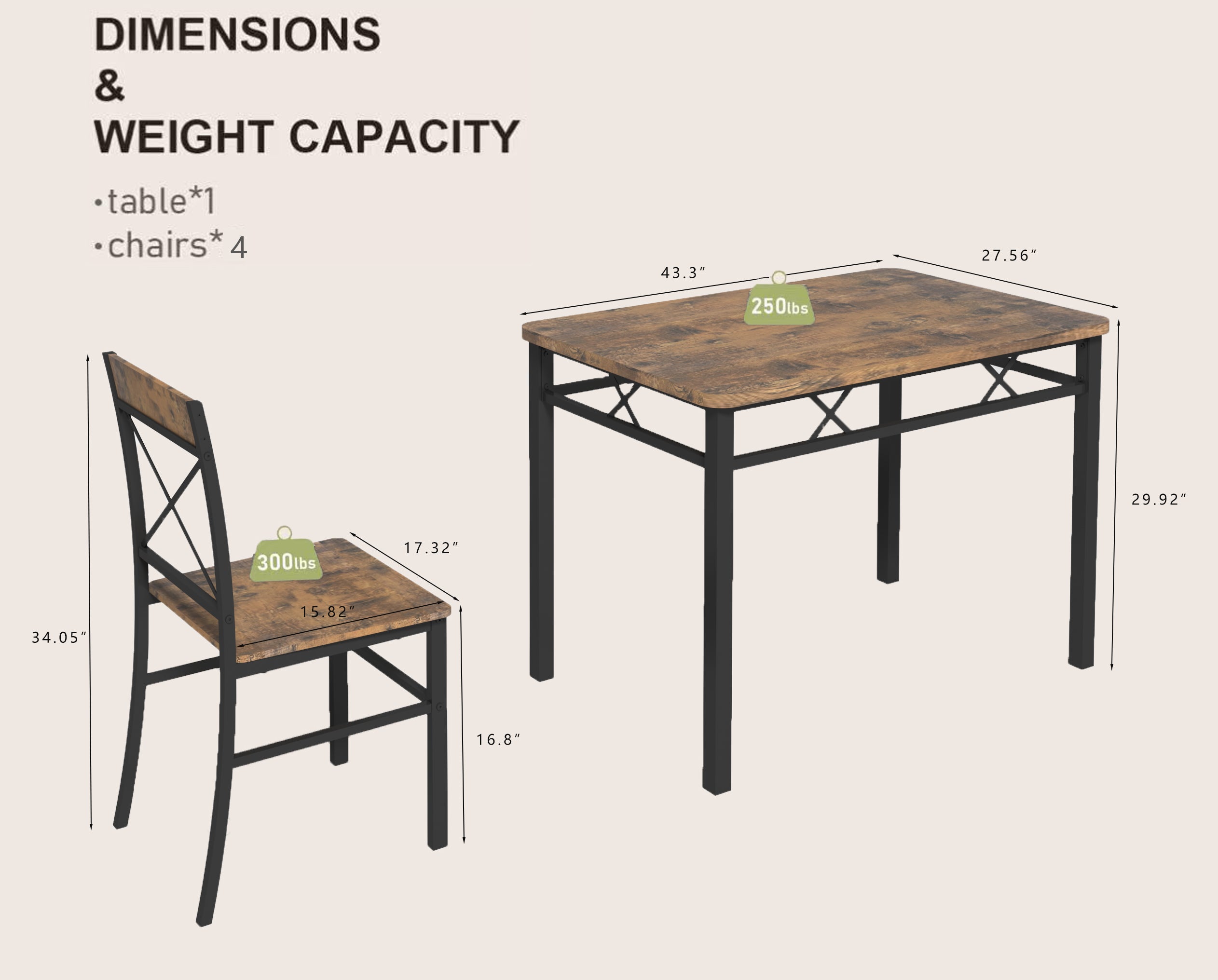 PAPROOS Dining Table Set, 5 Piece Dining Set, 43" Rectangle Kitchen Table and 4 Chairs, Modern Industrial Dining Table for Breakfast Nook, Kitchen Dining Room, Rustic Brown