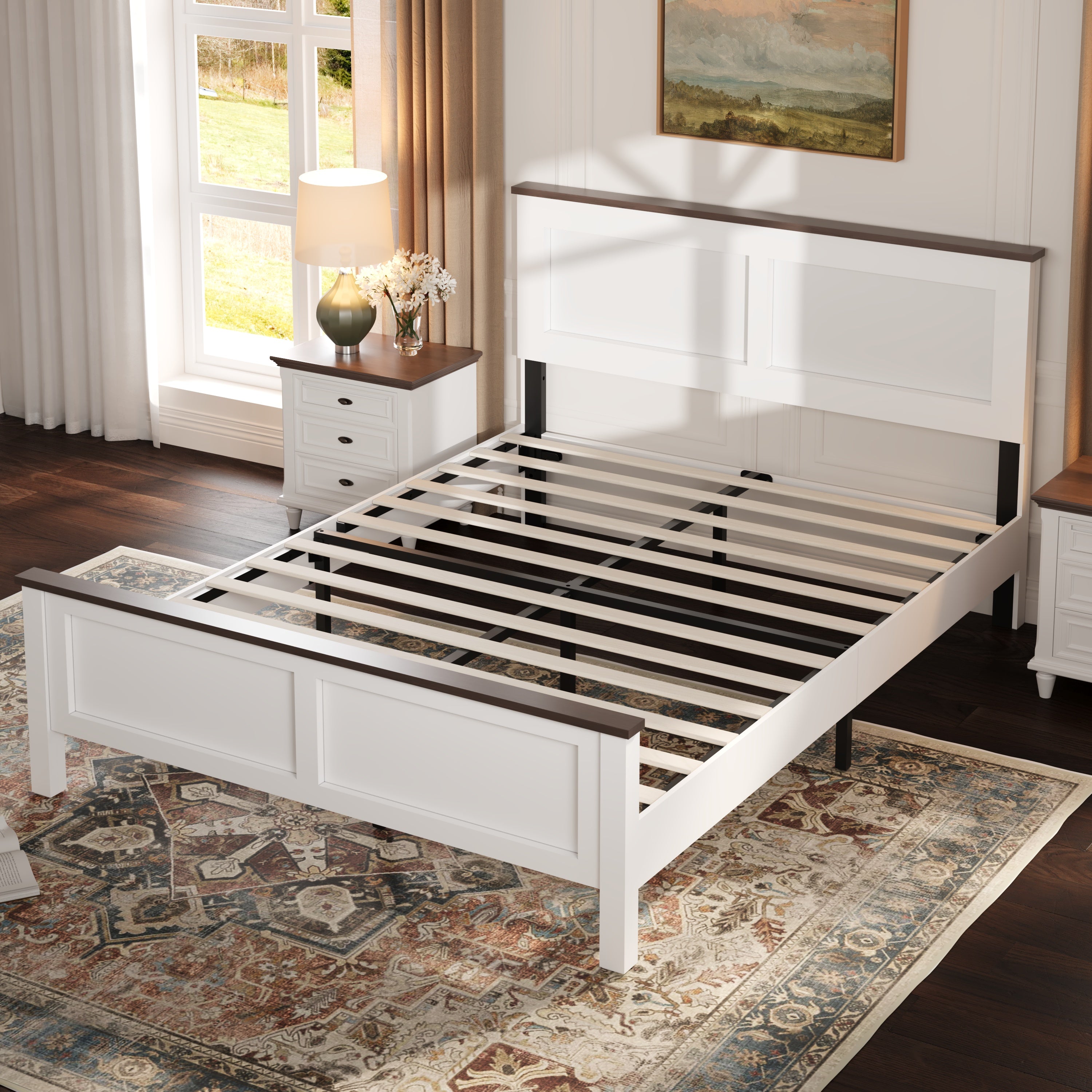 PAPROOS Full Size Bed Frame, Wooden Platform Bed with Headboard and Footboard