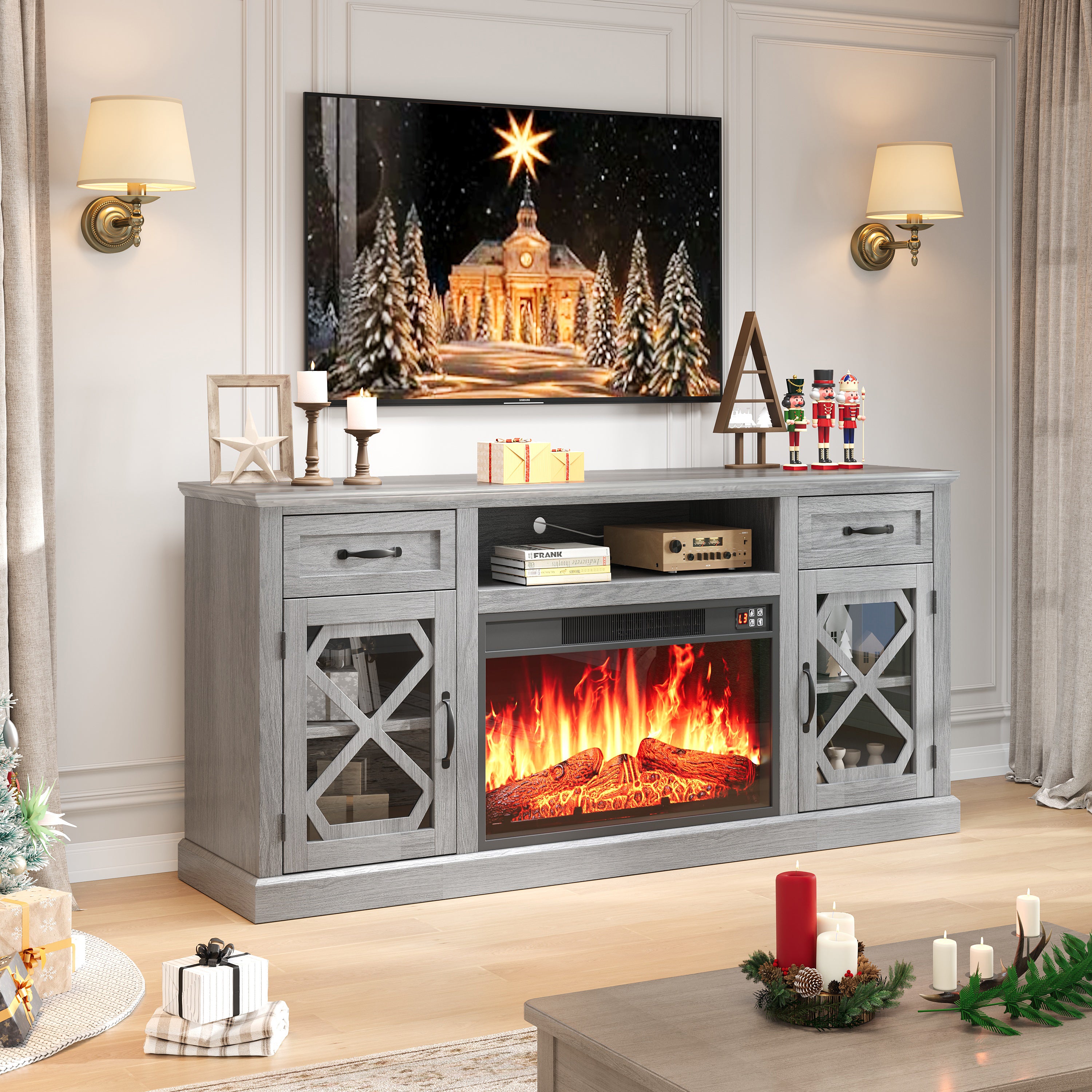 PAPROOS Fireplace TV Stand for 65 Inch TV, Modern Farmhouse TV Cabinet with 23'' Electric Fireplace, Entertainment Center Television Console Table for Living Room, Black+Brown