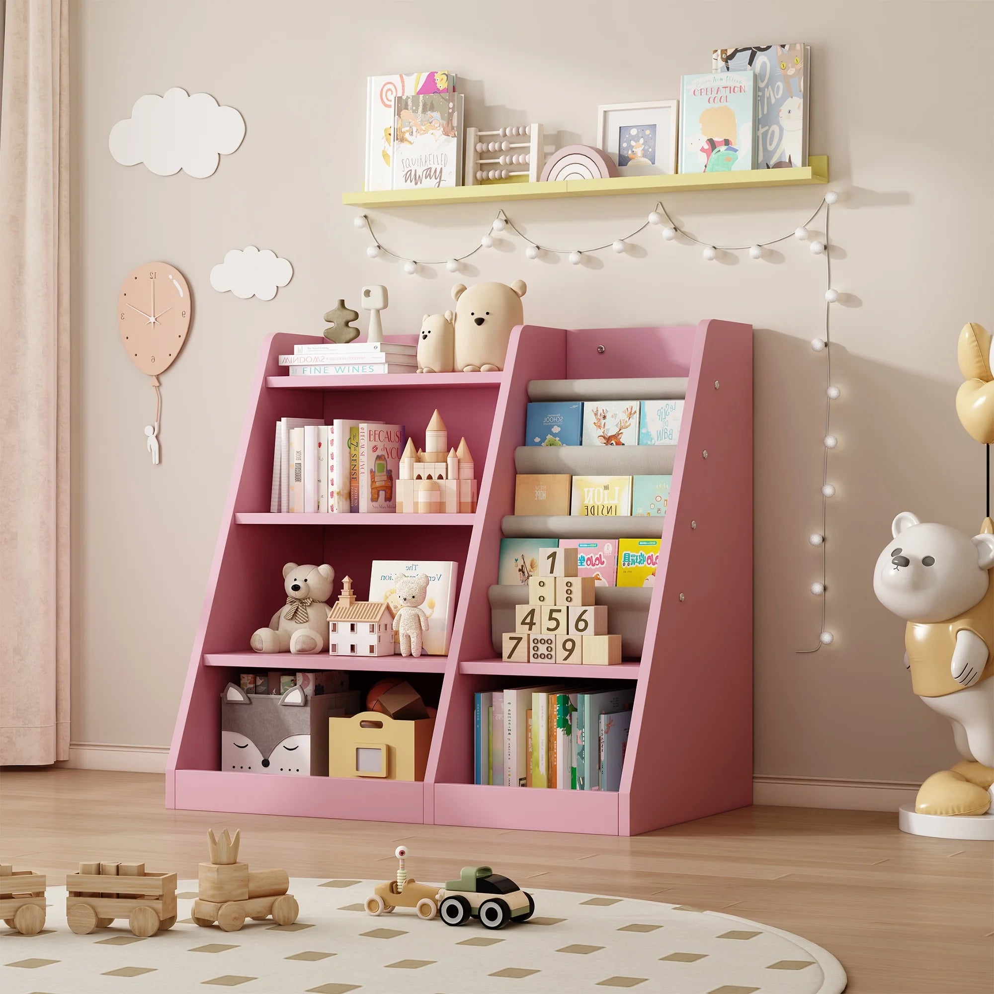 4-Tier Kids Bookshelf with 4 Layer Sling Bookcases, Wooden Toy Storage Organizer Cabinet, Adjustable Shelf for Classroom, Kids Bedroom, Nursery, Yellow