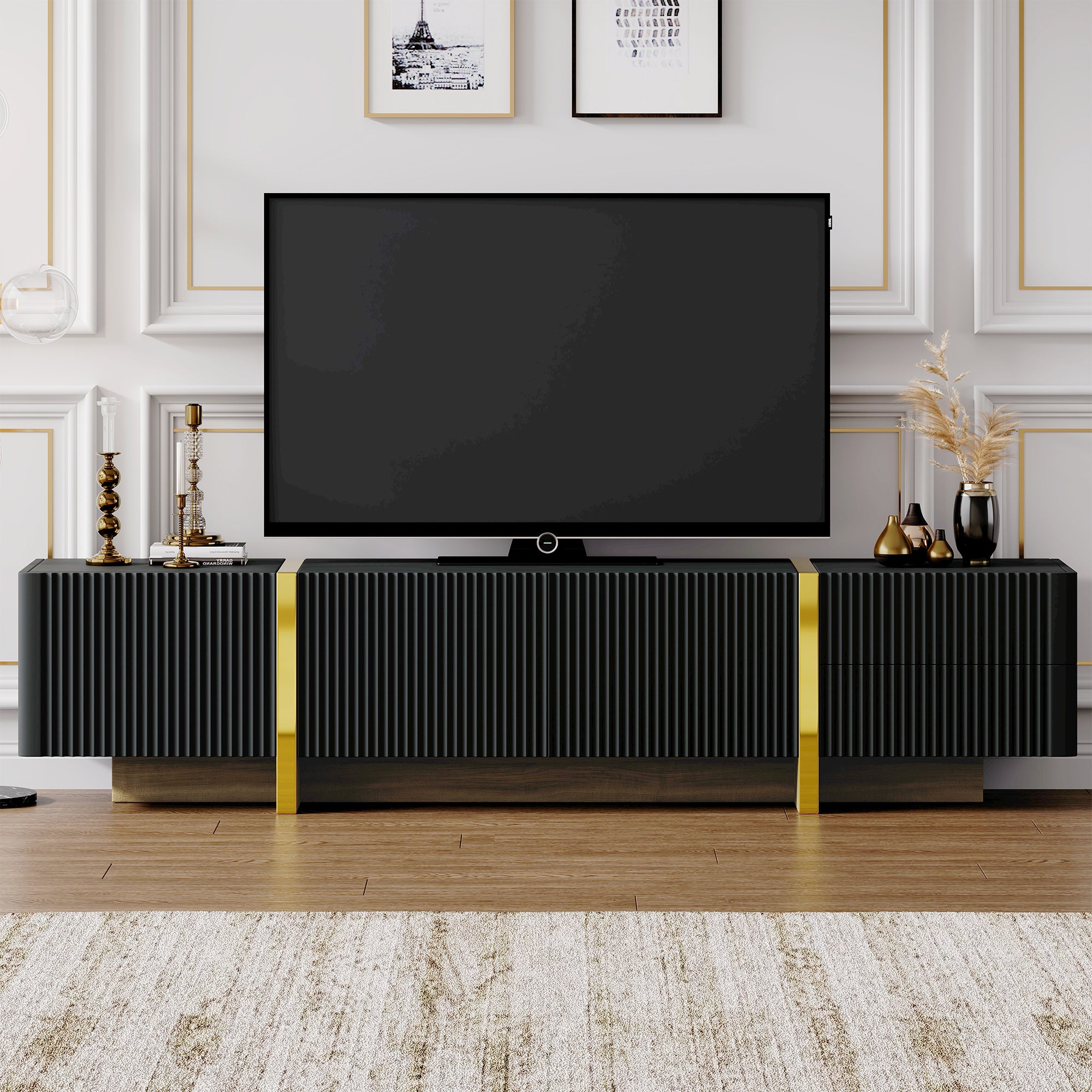 TV Stand for 80 Inch TVs, Paproos High Gloss Entertainment Center with Storage Cabinets, TV Cabinet with Drawers and Doors, Media Console Table for TVs Living Room, Office