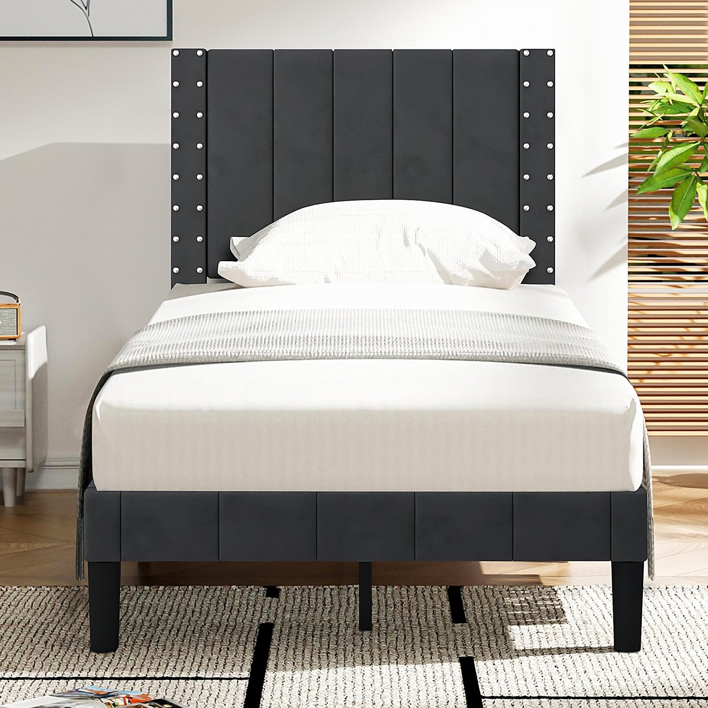 PAPROOS Full Platform Bed Frame, Upholstered Bed Frame Full Size with Vertical Channel and Rivet Decor Headboard, No Box Spring Needed, Easy Assembly, Dark Gray