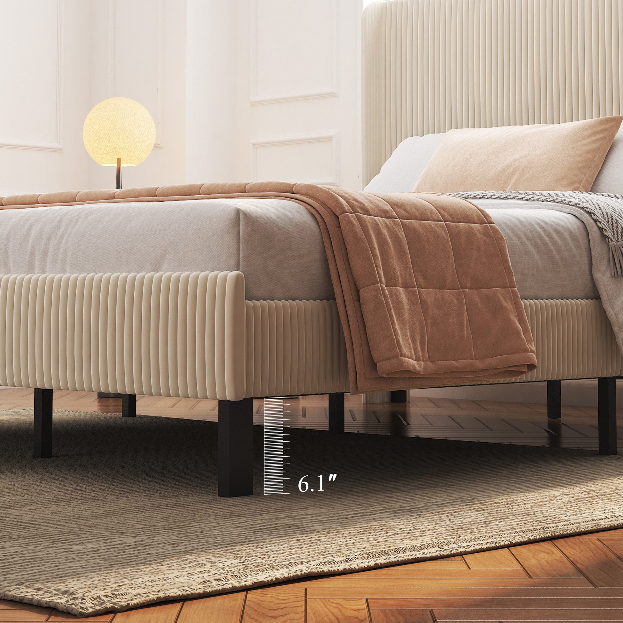 PAPROOS Queen Bed Frame, Queen Bed with Charging Station, LED Light Strip, Upholstered Headboard, Metal Platform Bed with Under Bed Storage, No Box Spring Needed