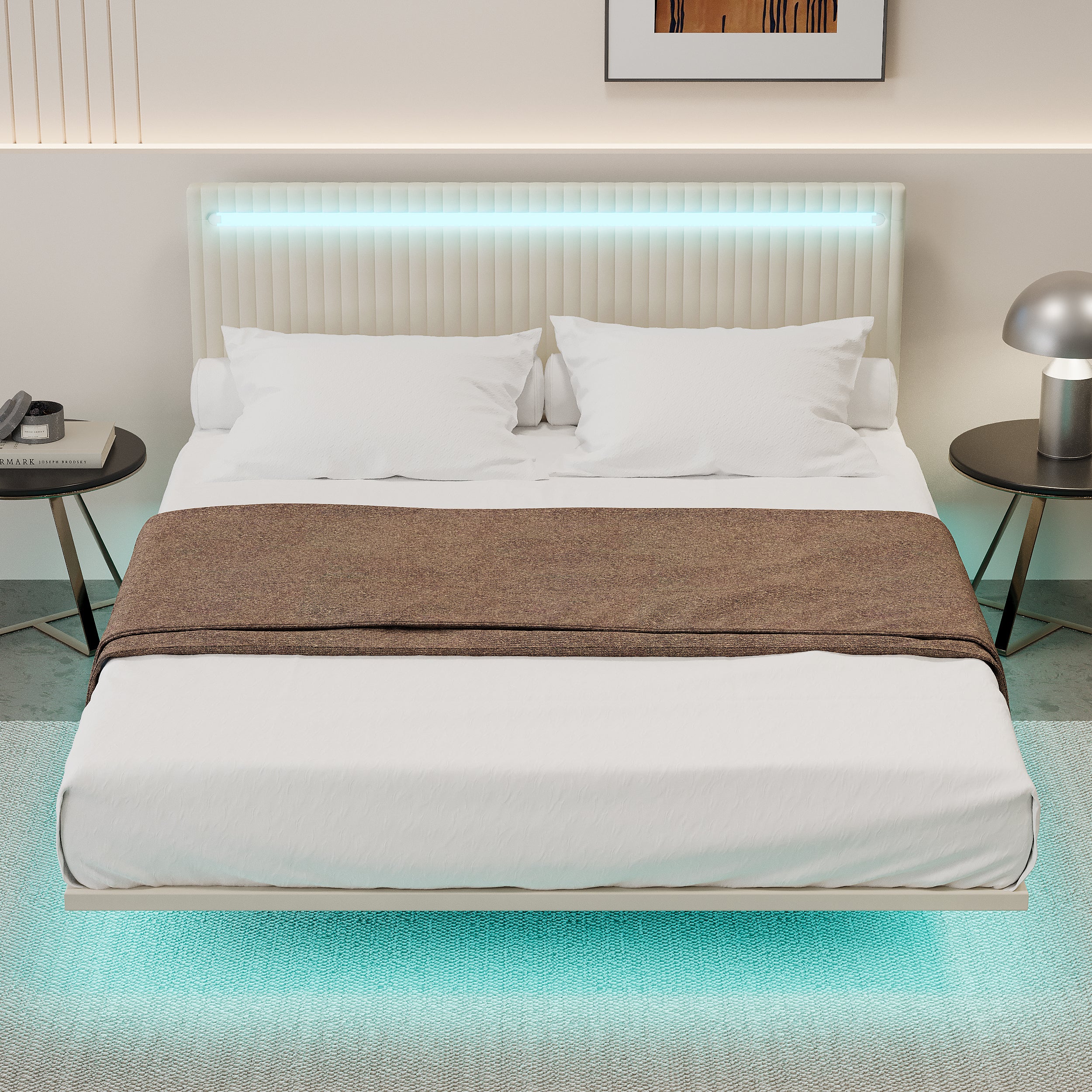 PAPROOS Full Floating Bed Frame, Upholstered Velvet Platform Bed Frame with Adjustable Headboard, RGB LED Lights, Modern Full Size Bed Frame with Underbed Sensor Lights, No Box Spring Needed, Beige