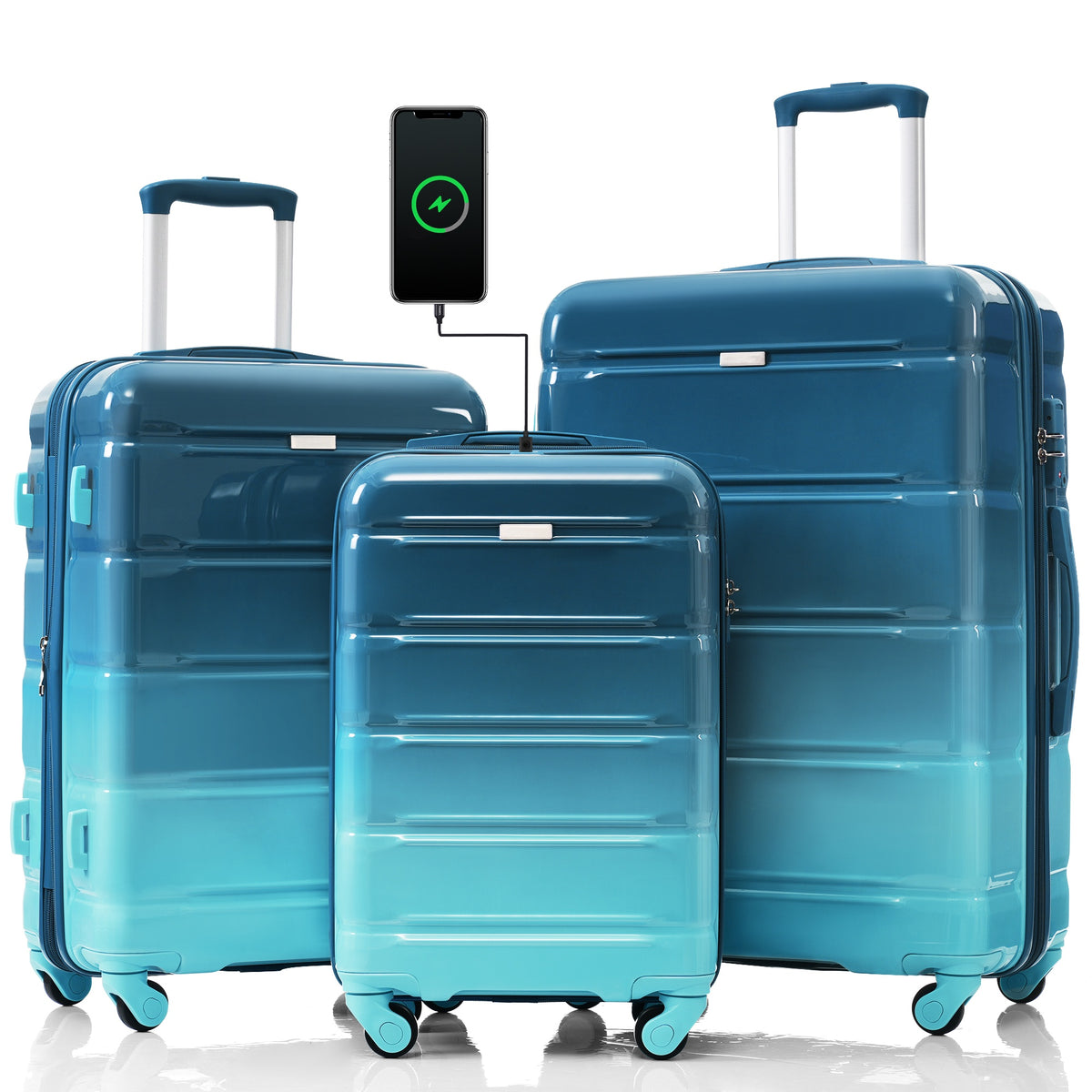 PAPROOS 3-Piece Luggage Set (20''/24''/28''), Hardshell Lightweight Suitcase with USB Port and Side Hooks, Travel Luggage with TSA-Lock, Hardside Rolling Luggage for School, Travel