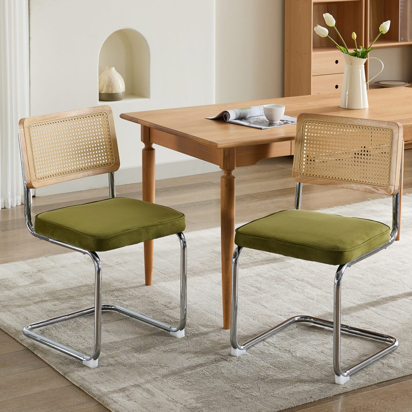 Dining Chairs Set of 2, Paproos Velvet Upholstered Dining Chairs, Mid Century Accent Chair Side Chair with Cane Back and Stainless Steel Chrome Legs, Dining Kitchen Living Room