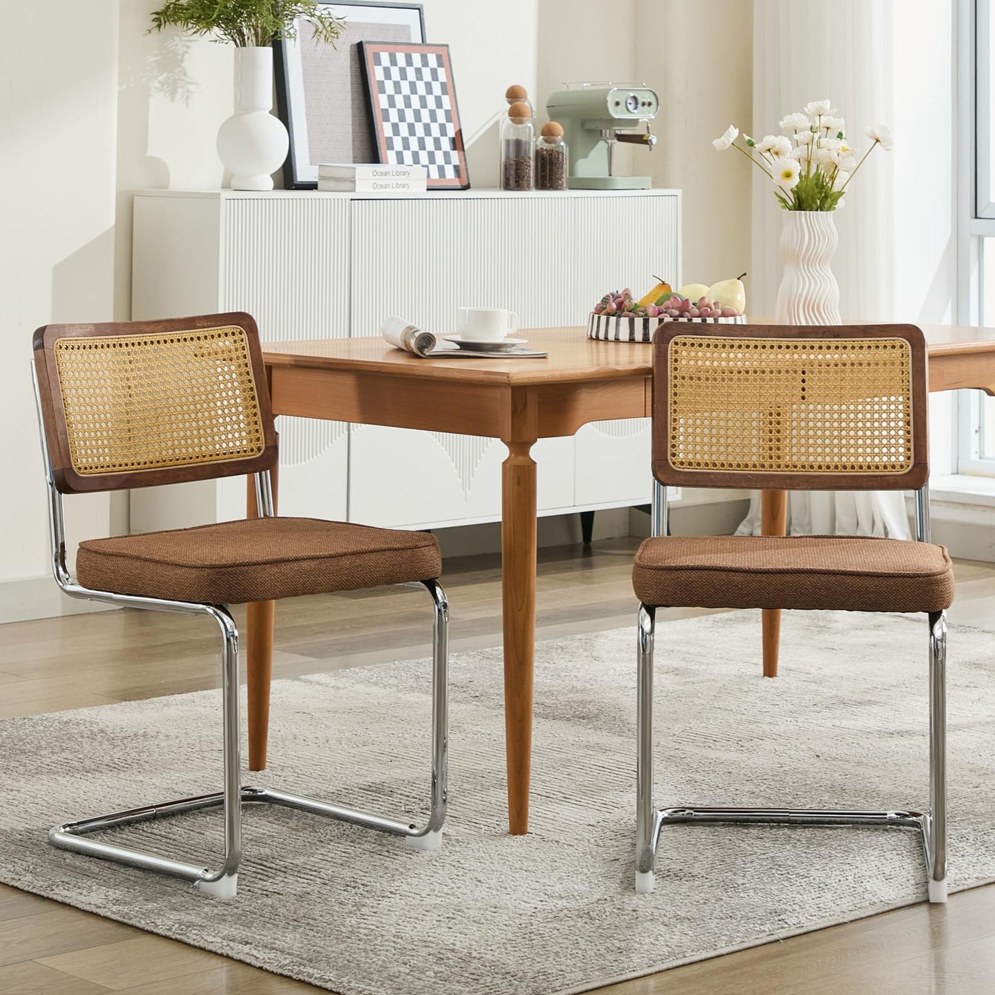 Dining Chairs Set of 2, Paproos Velvet Upholstered Dining Chairs, Mid Century Accent Chair Side Chair with Cane Back and Stainless Steel Chrome Legs, Dining Kitchen Living Room