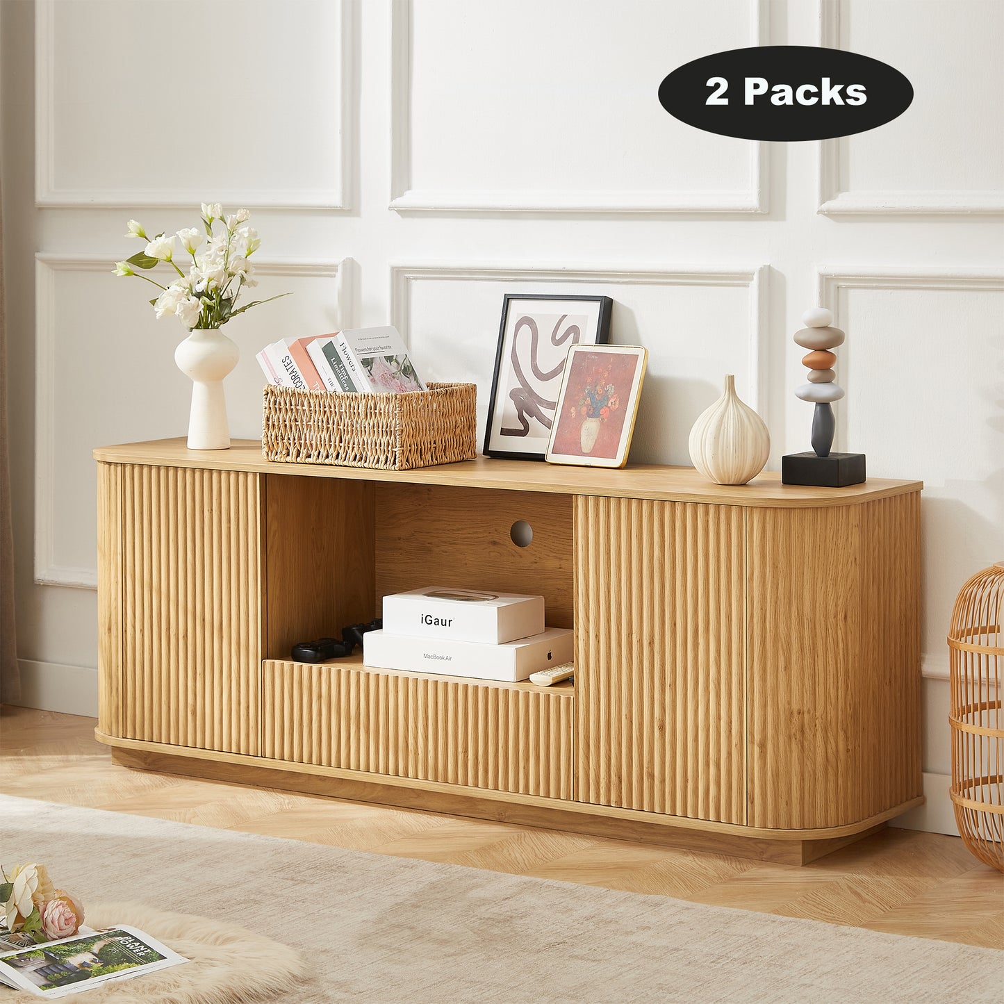 PAPROOS 2-Pieces TV Stand for 70 Inch TV, 64" Entertainment Center with Storage Cabinet, Fluted Sideboard, Accent Cabinet with 1 Drawer and 2 Doors for Kitchen, Dining Living Room