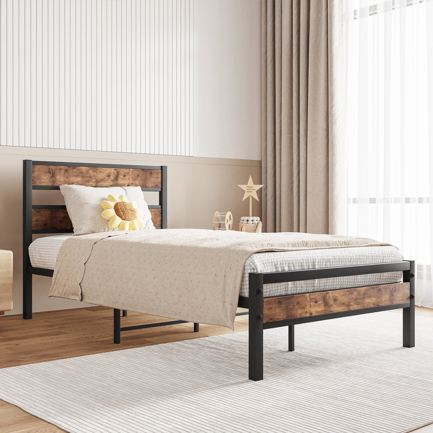 PAPROOS Twin Bed Frame, Metal Twin Platform Bed with Wooden Panel Headboard, Underbed Storage, No Box Spring Needed