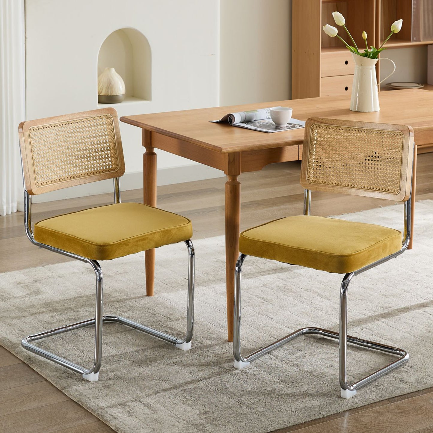 Dining Chairs Set of 2, Paproos Velvet Upholstered Dining Chairs, Mid Century Accent Chair Side Chair with Cane Back and Stainless Steel Chrome Legs, Dining Kitchen Living Room