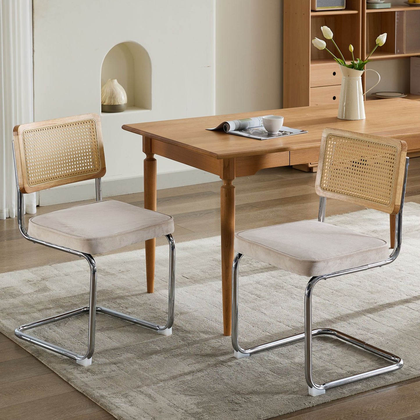 Dining Chairs Set of 2, Paproos Velvet Upholstered Dining Chairs, Mid Century Accent Chair Side Chair with Cane Back and Stainless Steel Chrome Legs, Dining Kitchen Living Room