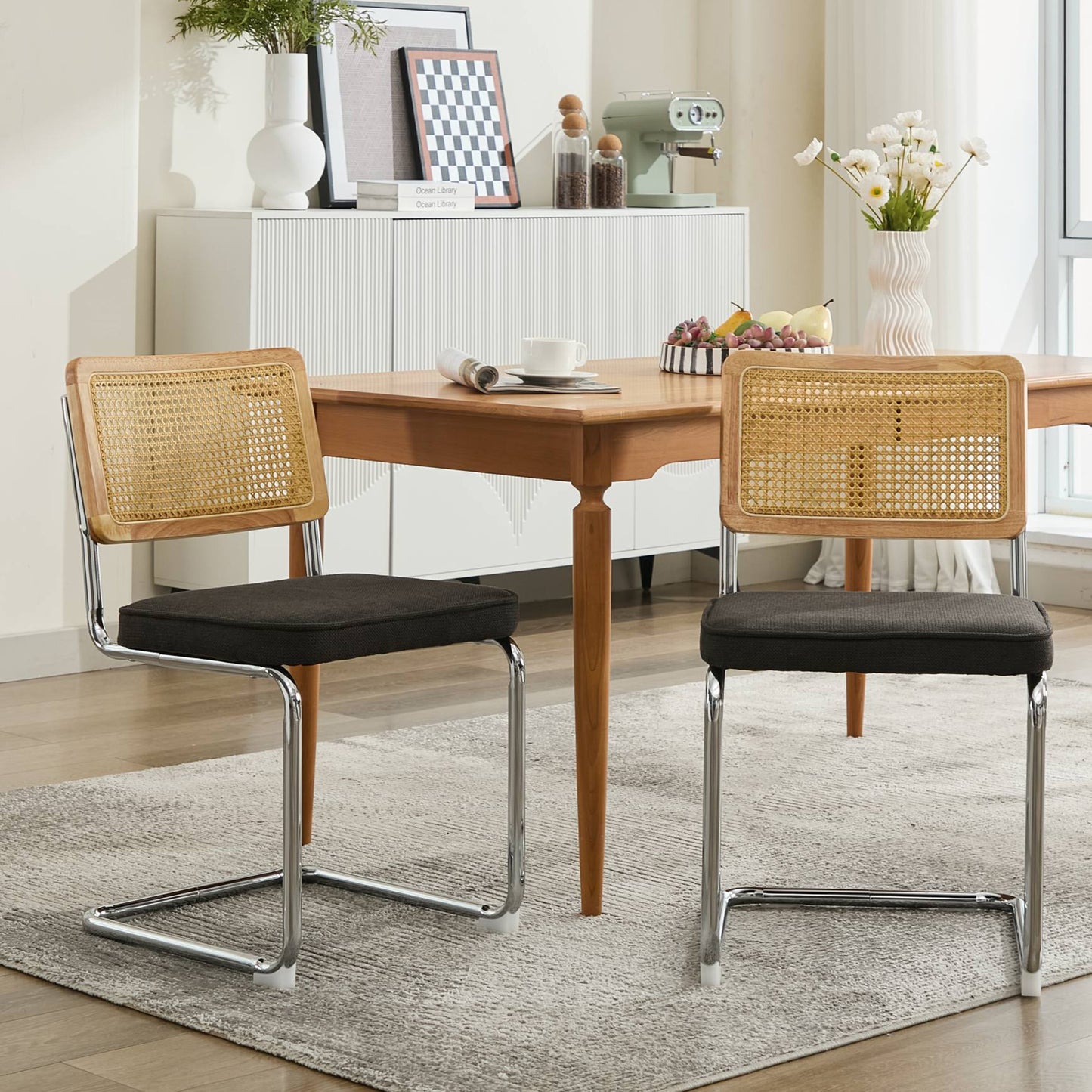 Dining Chairs Set of 2, Paproos Velvet Upholstered Dining Chairs, Mid Century Accent Chair Side Chair with Cane Back and Stainless Steel Chrome Legs, Dining Kitchen Living Room