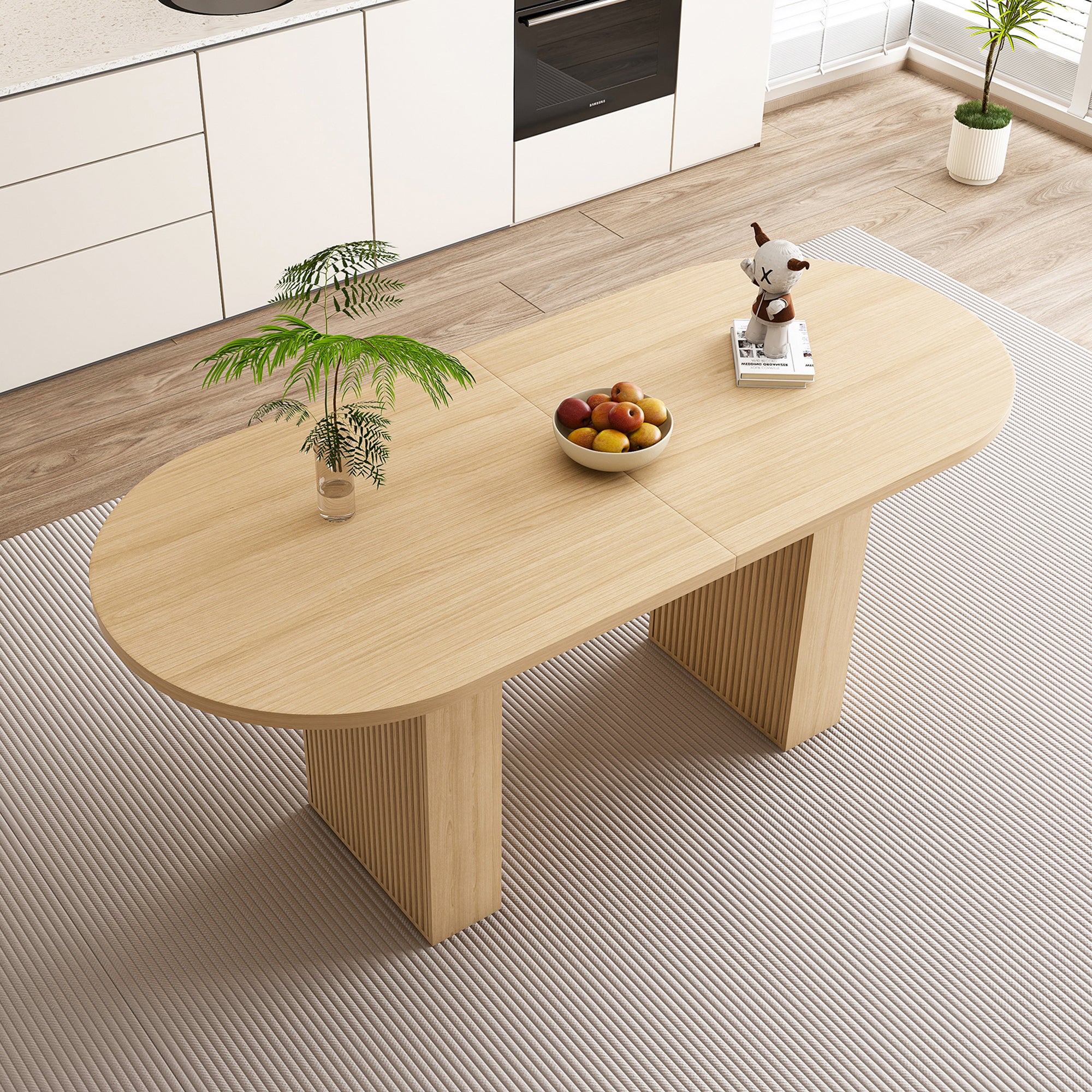 63inch Oval Dining Table for 4-6, Paproos Kitchen Table with Marble-Color Wood Waterproof Tabletop, Wooden Strip Base, Wood Dining Room Table for Office Dining Living Room, White(Only Table)